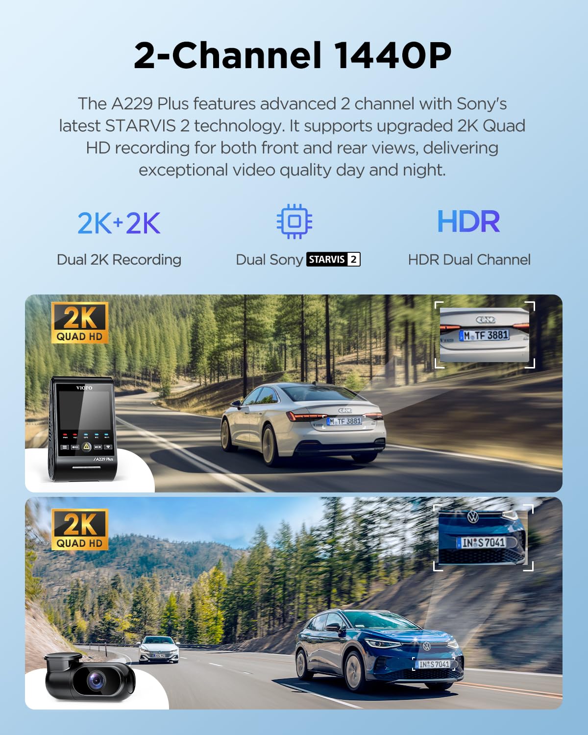 VIOFO A229 Plus Dash Cam Front and Rear, Dual STARVIS 2 Sensors, 2 Channel HDR, 1440P+1440P Voice Control Car Dash Camera, 5GHz Wi-Fi, Ultra-Precise GPS, 24 Hours Parking Mode, Support 512GB Max