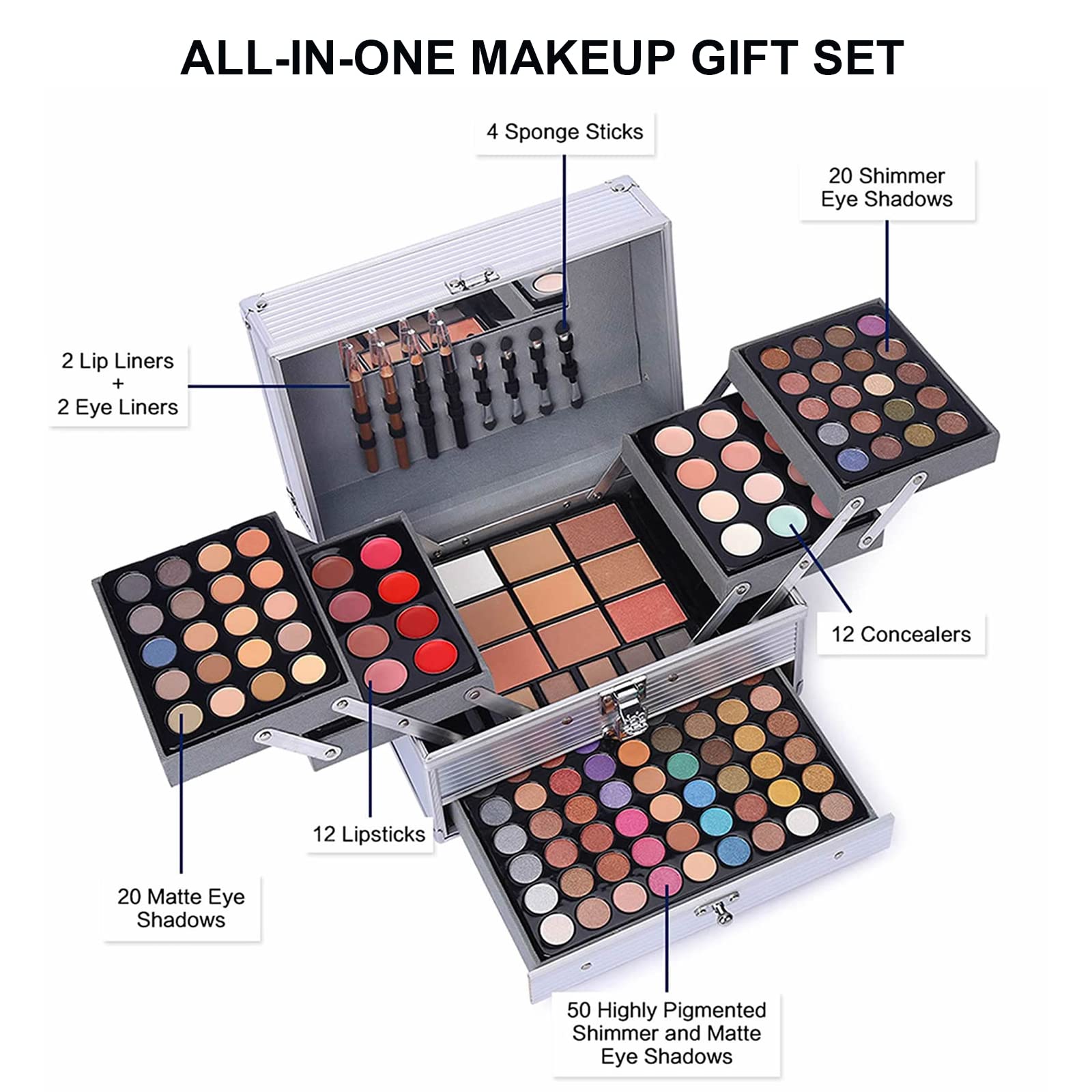 UNIFULL 132 Color All- In- One Makeup For Women Full Kit,Professional Makeup Kit,Makeup Gift Set for Women,Girls&Teens,Include eyeshadow/lipstick/concealer/Lip Gloss/Eyeliner/Mascara(006N2-Silver)