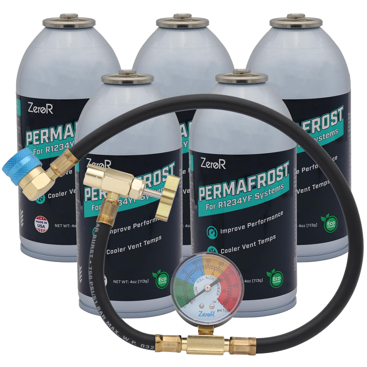 ZeroR® Permafrost for R1234YF AC Systems | Performance Booster | 5 Cans + 24" HD Can Tap Gauge