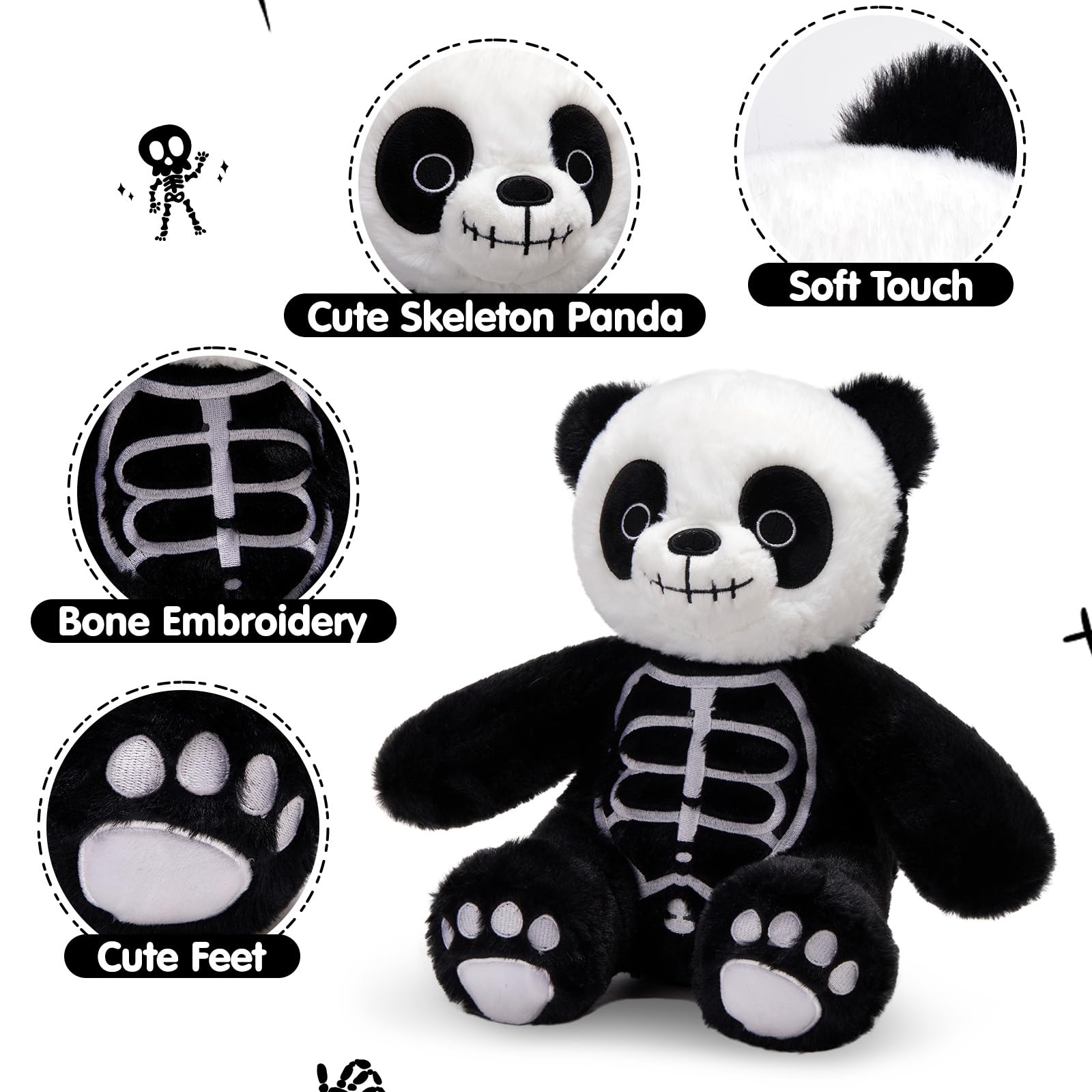 Houwsbaby 12" Skeleton Panda Spooky Stuffed Animal Big Panda Bear Plush Doll for Halloween, Easter, Christmas, or Birthday Gifts, Scary Cute Design