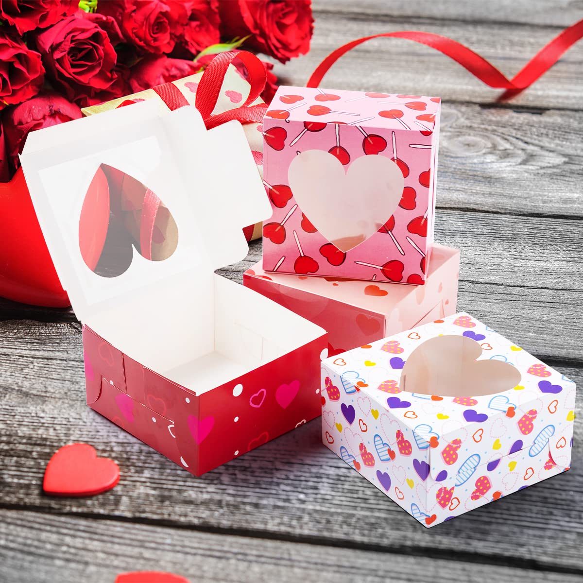 JOYIN 24 Pcs Valentine’s Day Bakery Treat Boxes Valentines Cupcake Boxes Cookie Boxes with Window for Holiday Pastries, Doughnut, Cookie, Cupcakes, Brownies, Truffles Gift Giving