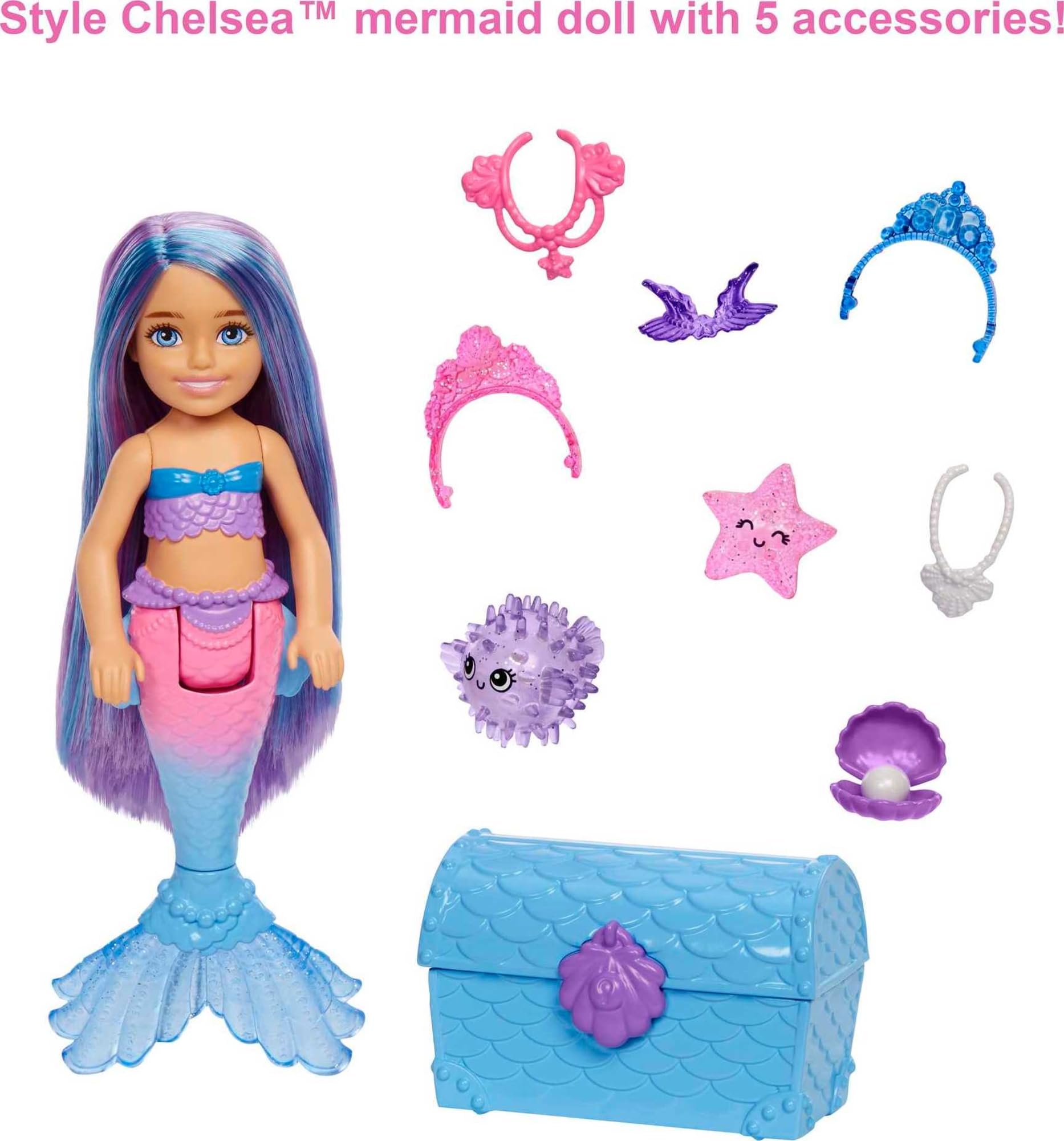 Barbie Mermaid Power Chelsea Small Doll with Blue & Purple Hair, 2 Ocean Pets & Treasure Chest Accessory