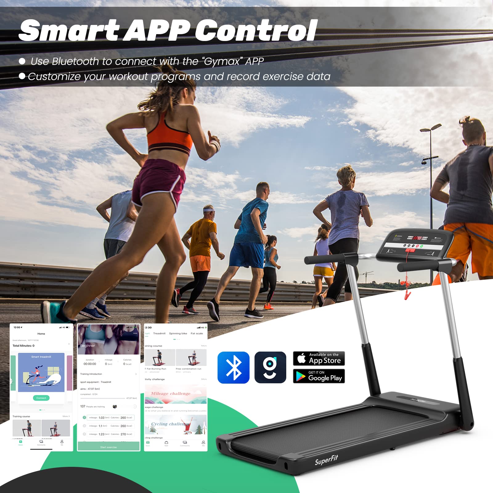GYMAX Foldable Treadmill, 2.25HP Portable Treadmill with App Control & LED Monitor, Compact Running Walking Jogging Machine for Small Space, Home Gym Workout Fitness Folding Treadmill