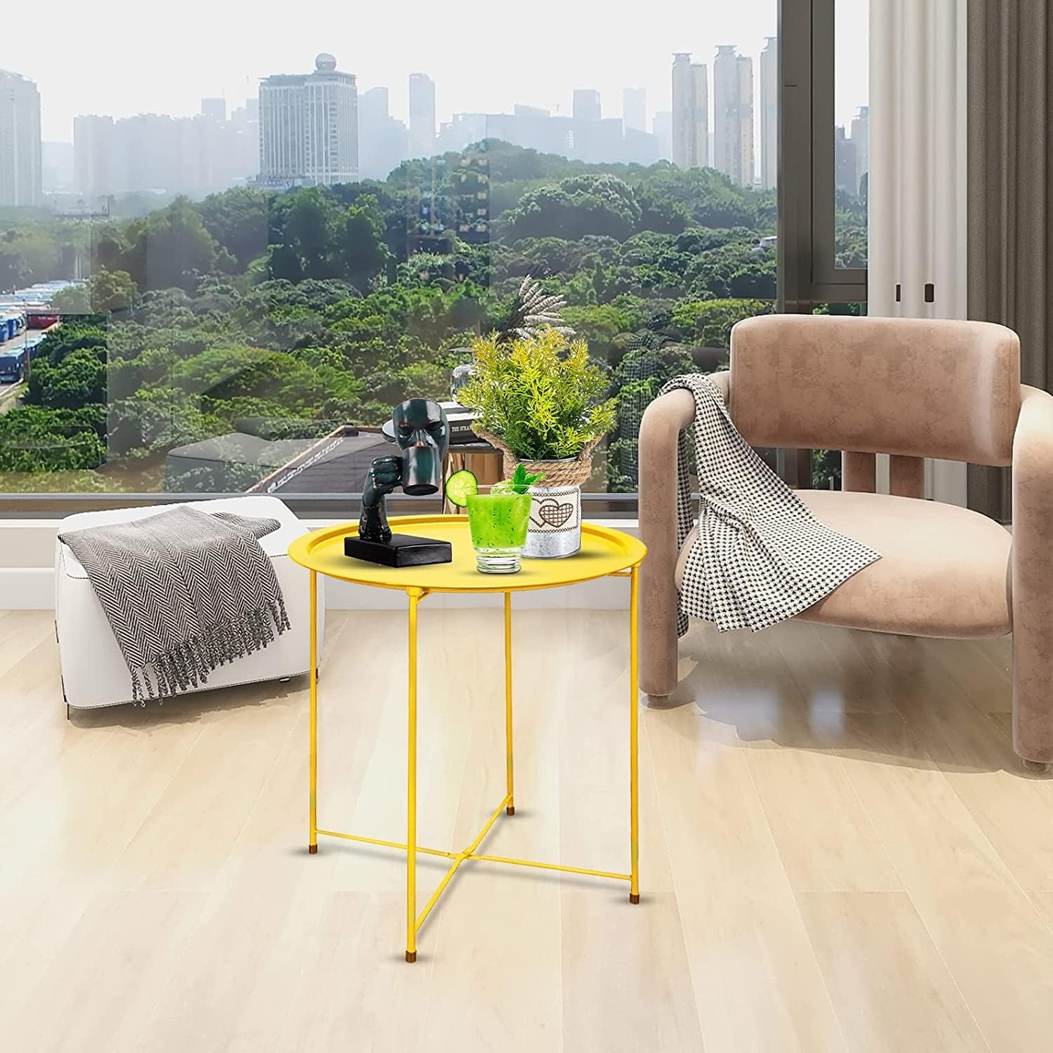 Garden 4 you End Table Outdoor Side Table, Small Patio Table Metal Side Table, Round Folding Side Table, for Outdoor and Living Room,Yellow