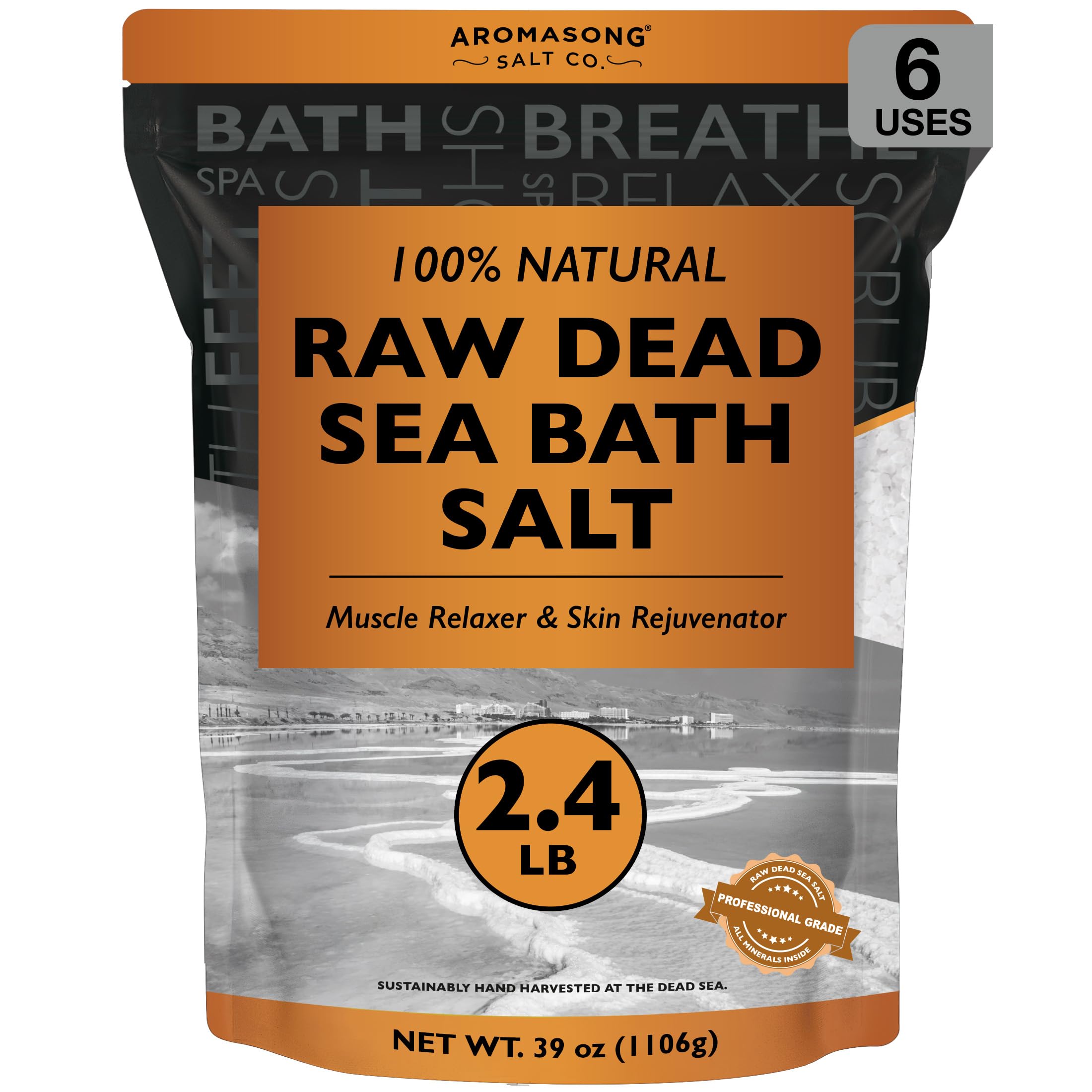 Aromasong Raw Dead Sea Bath Salt - Minimally Cleaned, Contains More Dead Sea Minerals Including Dead Sea Mud - 100% Pure & Natural Dead Sea Salts for Soaking 2.4 LB - Bulk Resealable Pack