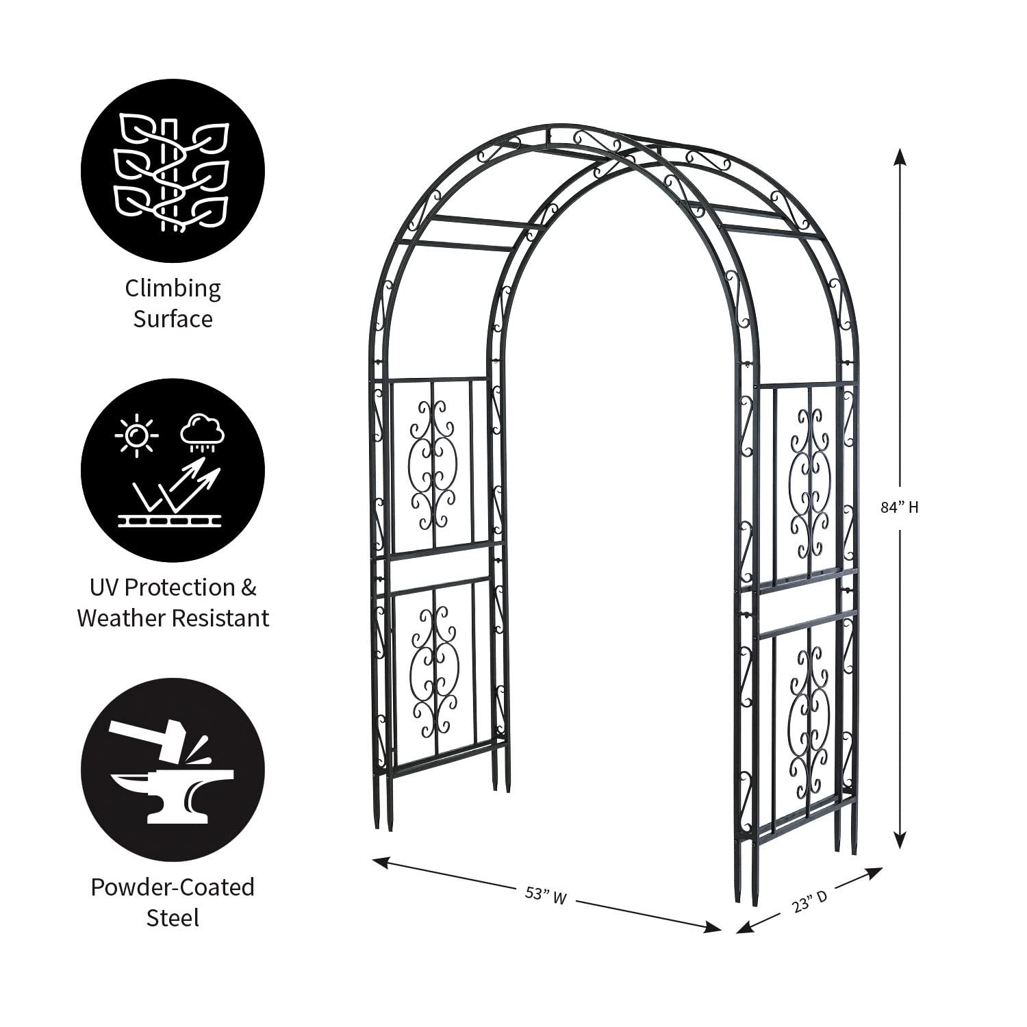 Plow & Hearth Arch Metal Outdoor Garden Arbor | Montebello | 84-in (H) x 53-in (W) x 23-in (D) | Black | Iron Trellis Lattice for Climbing Plants | Wedding | Outdoor Patio Décor