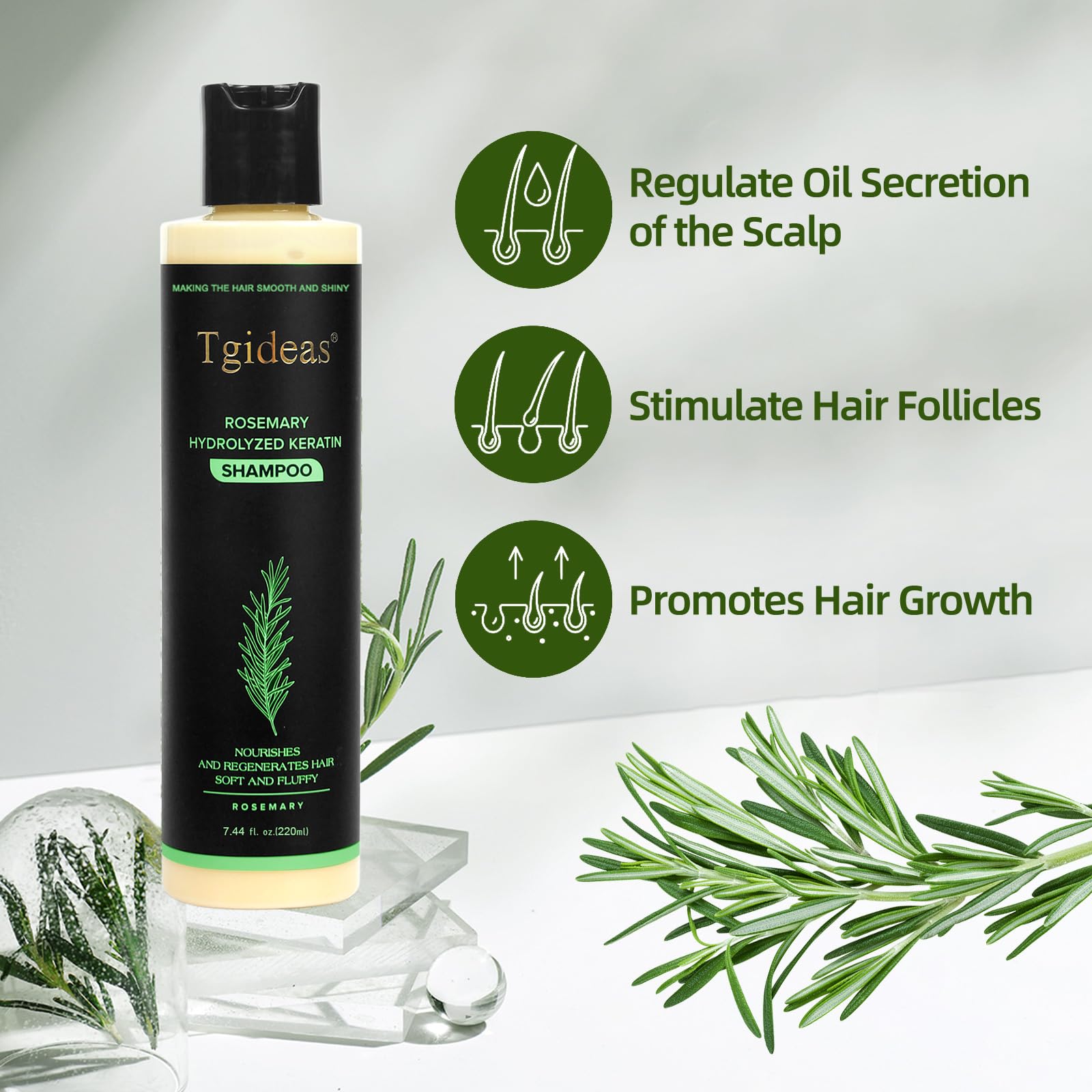Tgideas Rosemary & Biotin Shampoo for Thinning Hair, Volumizing Shampoo for Fuller, Thicker Hair, Strengthening & Nourishing Formula with Root Lift, Gentle Daily Care for Women & Men (7.4 fl oz)