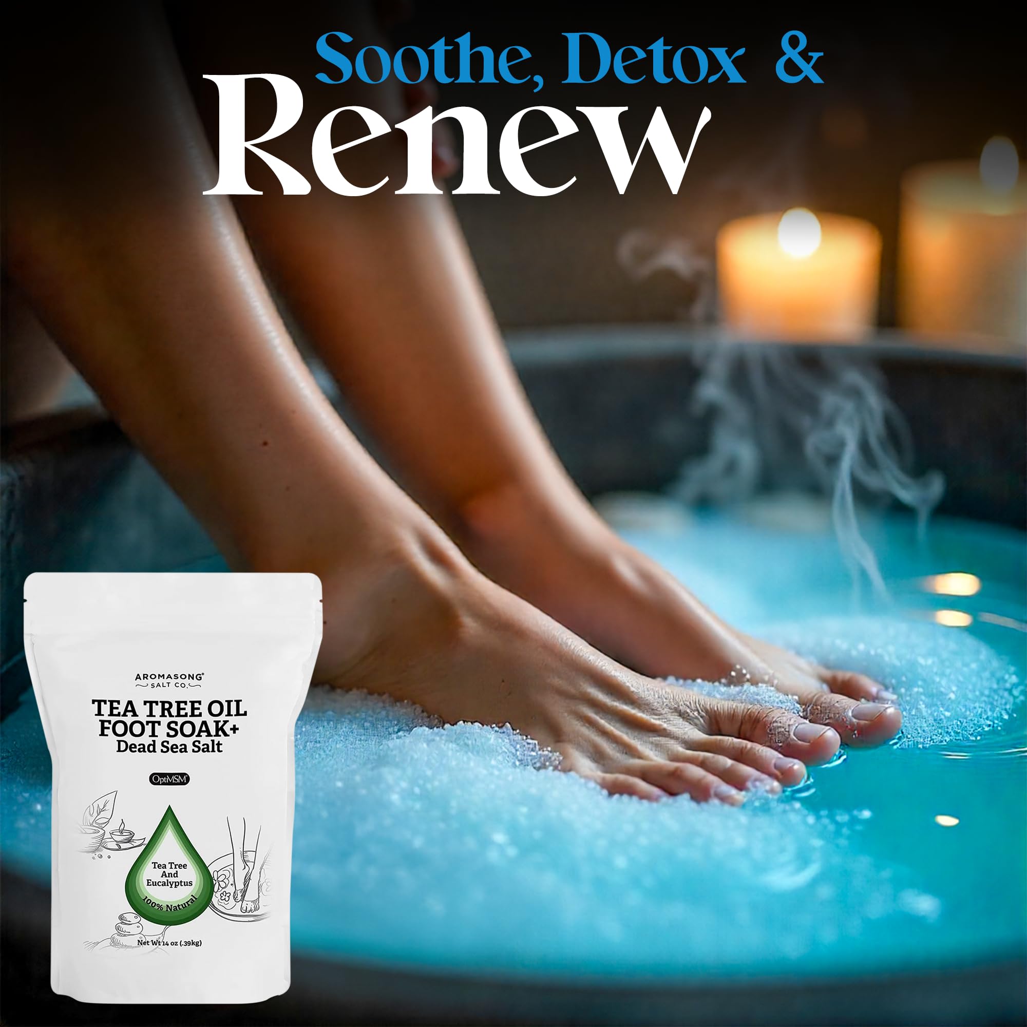 Aromasong Tea Tree Foot Soak with Magnesium Flakes and Dead Sea Foot Soaking Salts - Pedicure Tea Tree oil foot Soak for Dry Cracked Feet-Athlete's Callus Remover- Eliminates Odor- Packaging may vary