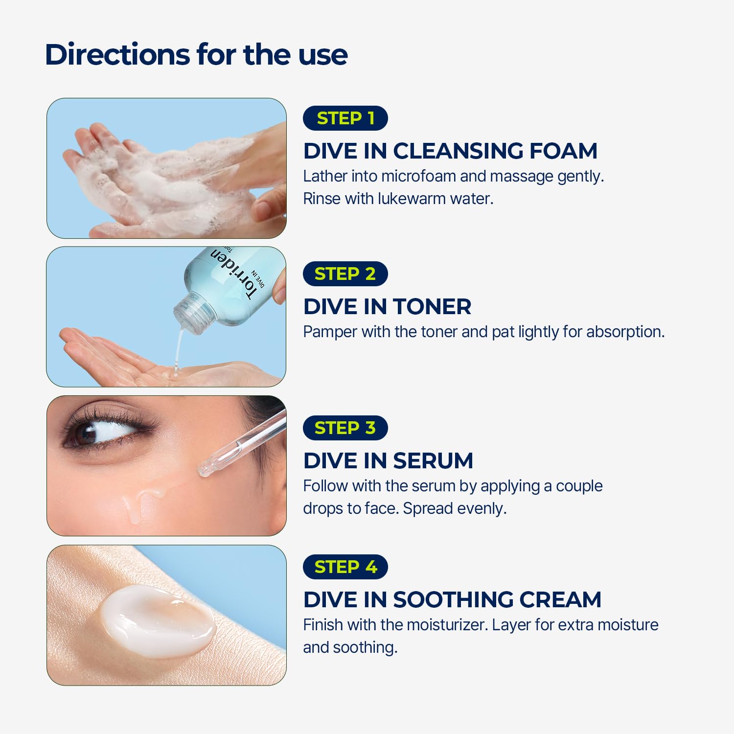 Torriden DIVE-IN Trial Kit, Hyaluronic Acid Infused Daily Skincare Kit - 4 Step Regimen with Foam Cleanser, Facial Toner, Serum, and Cream | Vegan, Hypoallergenic Korean Skin Care