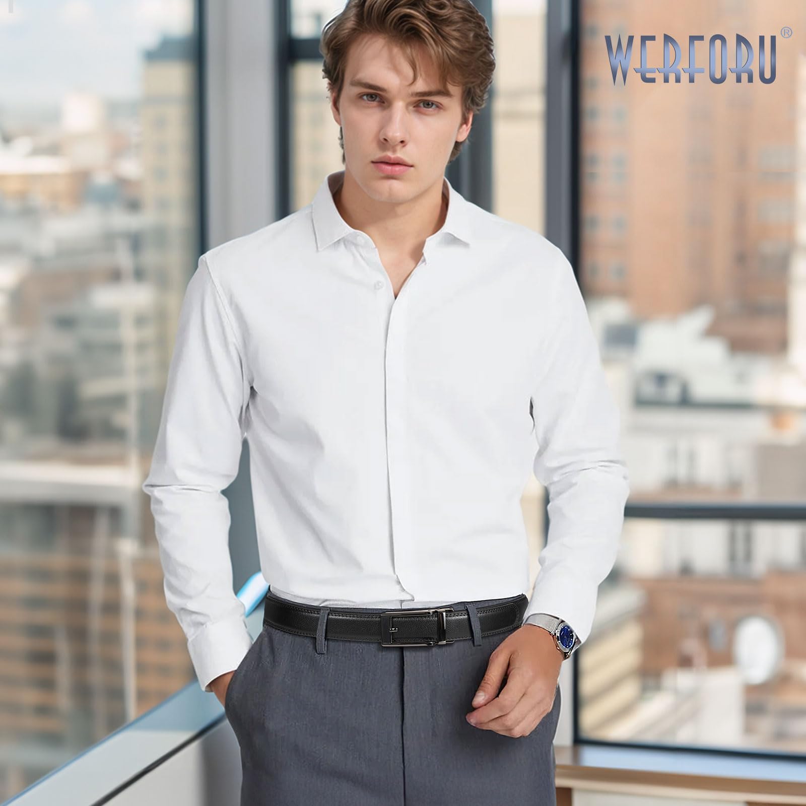 WERFORU Men Dress Belt Men Adjustable Leather Belt Men Leather Ratchet Belt-Comfort Click Belt for Men Dress and Casual(A-Black,36"-44" Waist Adjustable)