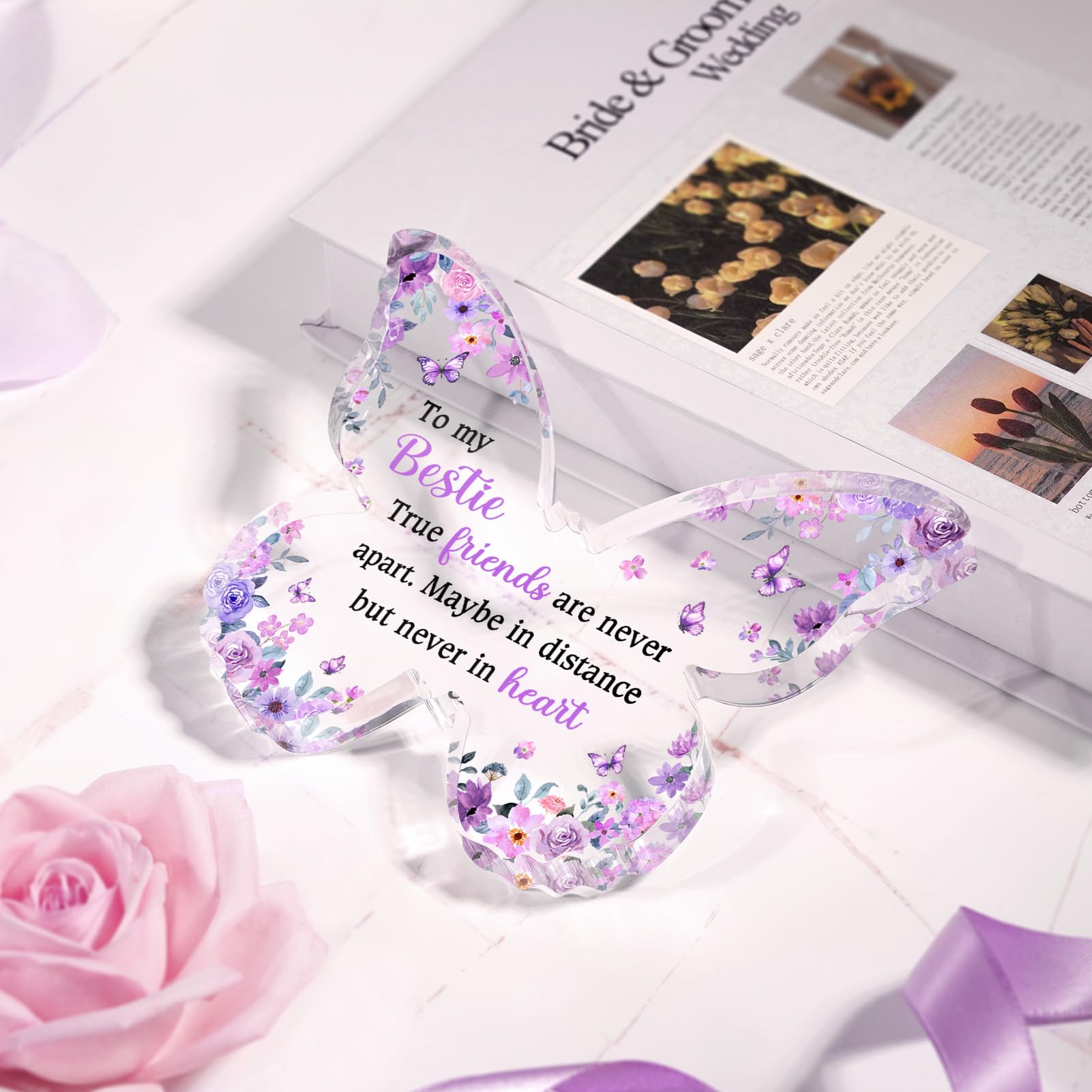 Glydein Best Friend Gift for Women, Unique Purple Butterfly Acrylic Plaque Desk Decor, Bestie Best Friend Birthday Gifts for Women Friendship for Bff Bestfriend, 5 x 3.8 x 0.5 inches