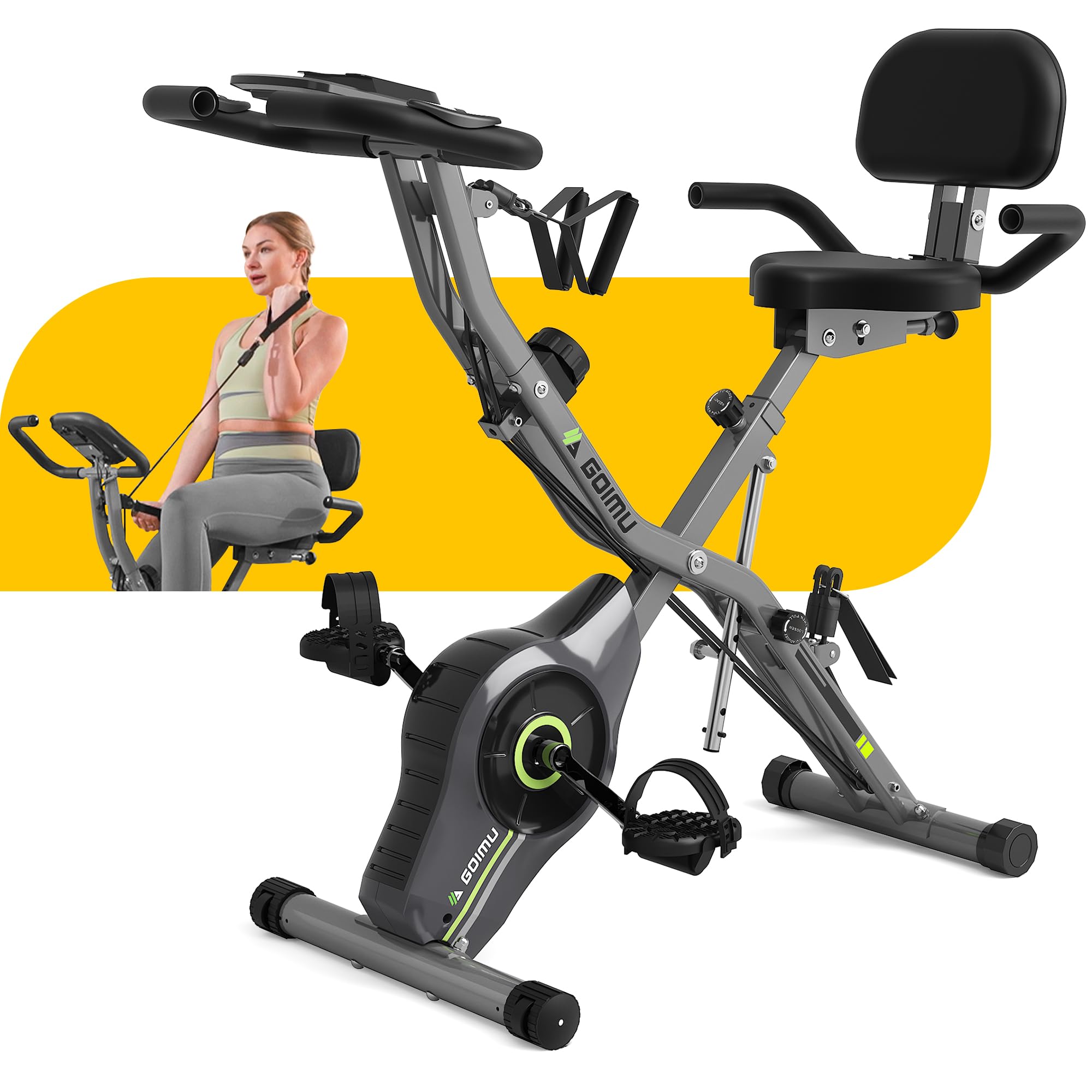 GOIMU Exercise Bike, 5 in 1 Foldable Stationary Bike for Seniors, 16-Level Adjustable Magentic Resistance, Indoor Recumbent Bike with 330LB Capacity, Comfortable Seat Backrest Adjustments