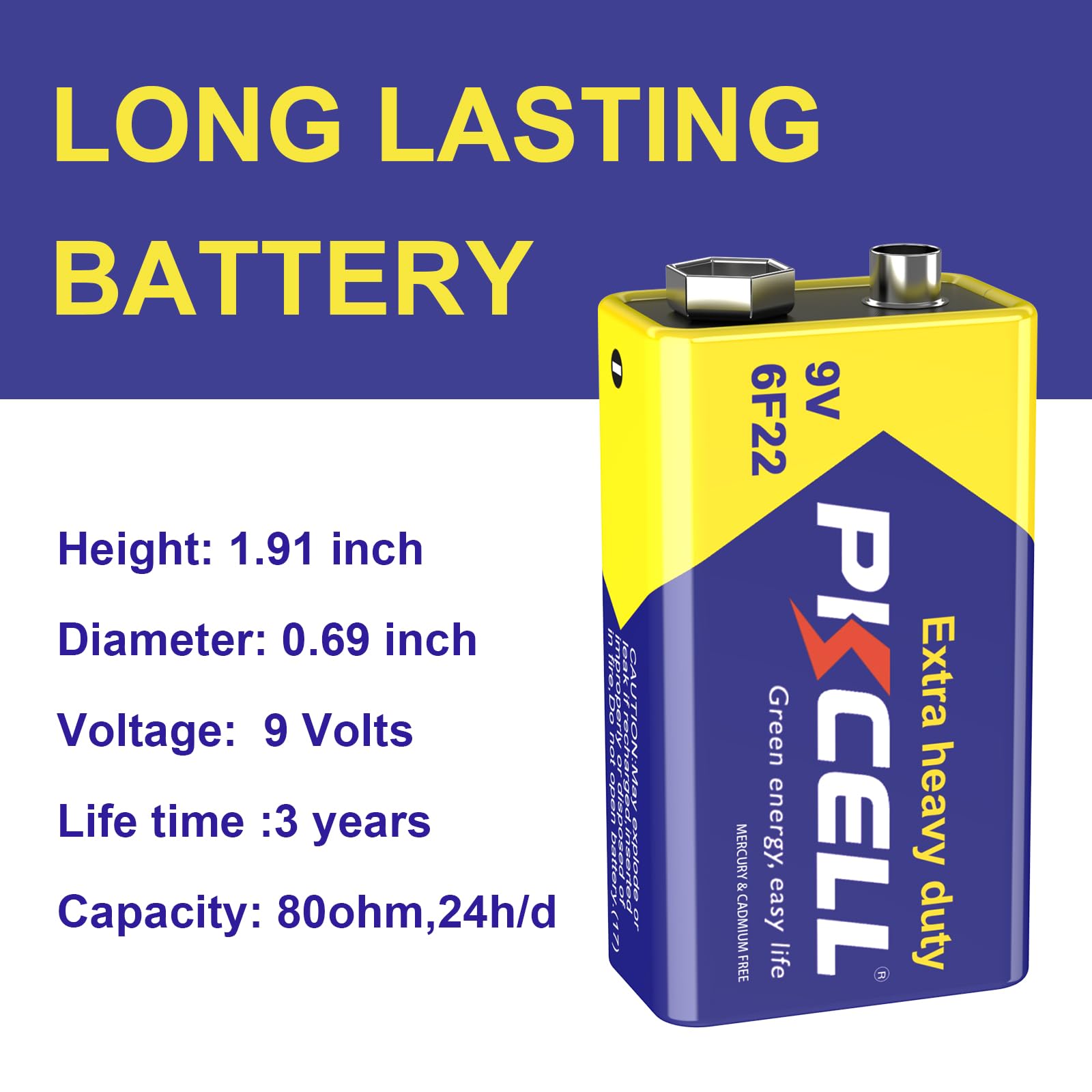 PKCELL 9V Battery Carbon Zinc for Smoke Detectors 6F22 Battery, 10-Year Shelf Life,Ultra Long-Lasting(2 Count)