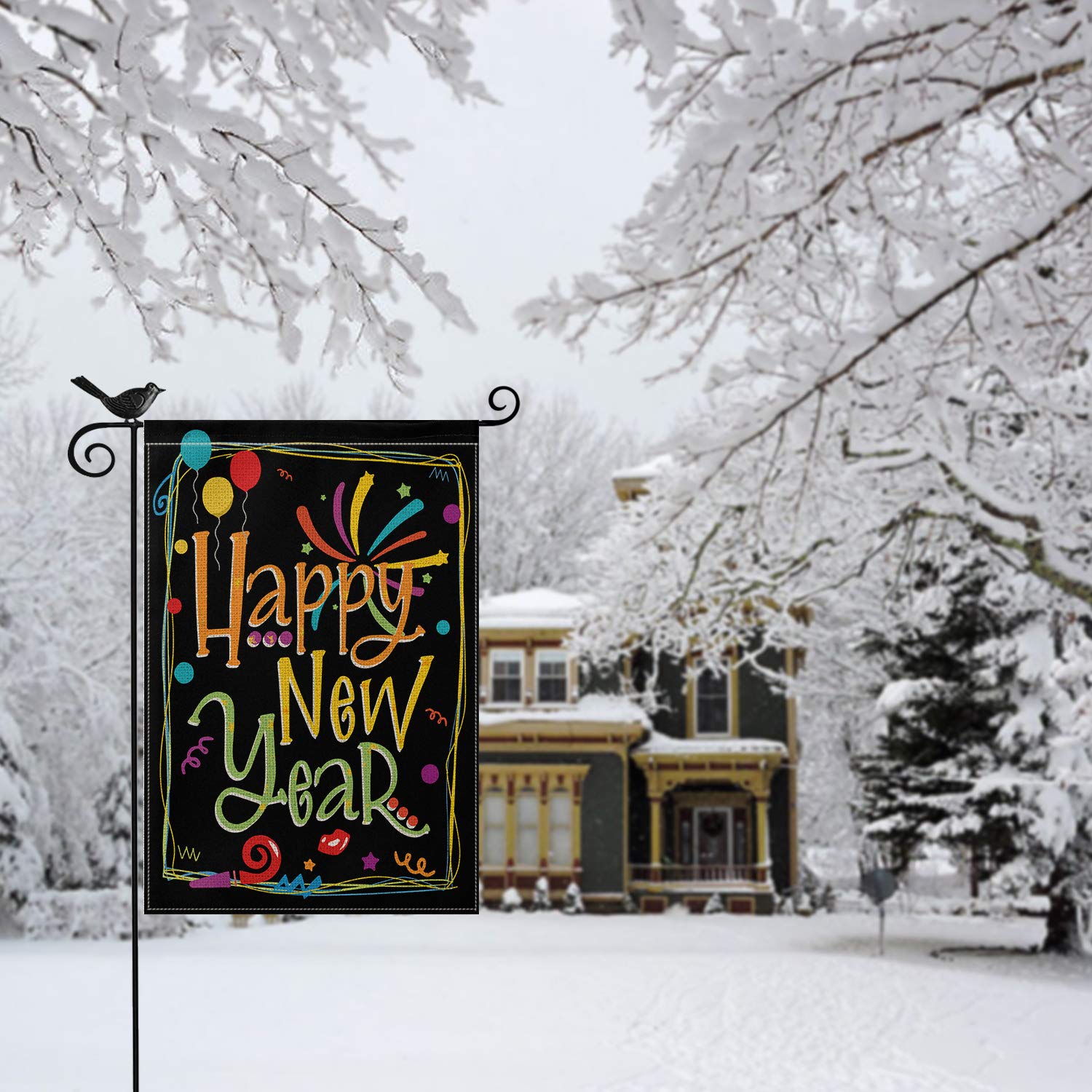 AVOIN Happy New Year Garden Flag Vertical Double Sized, Balloon Firework Celebration Party Yard Outdoor Decoration 12.5 x 18 Inch