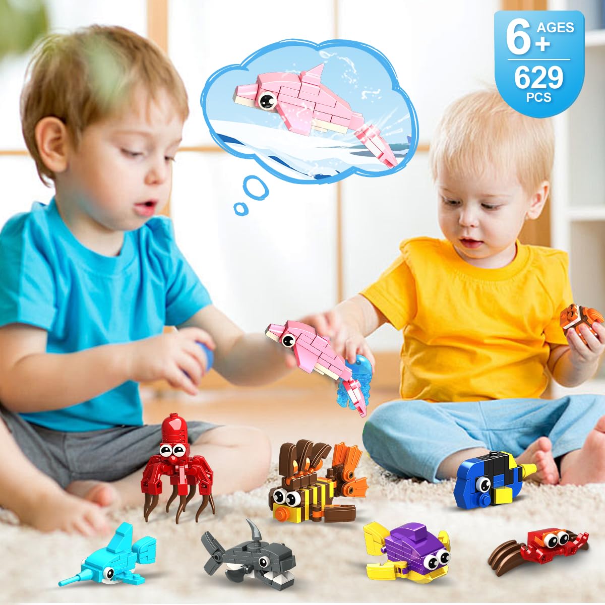 HOGOKIDS 24 Pack Party Favors for Kids Building Set - 629PCS Marine Animals Building Blocks Toy for Goodie Bag Stuffers Classroom Prizes, Valentines Day Easter Birthday Gift for Boys Girls Ages 6-12