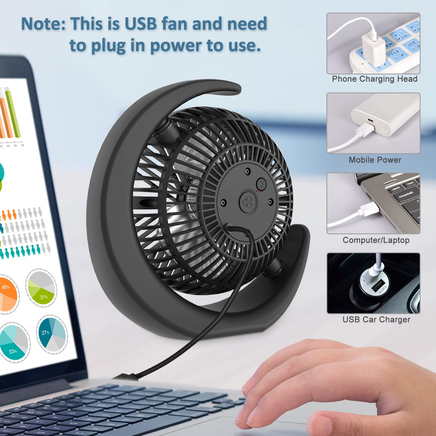 GagetElec USB Desk Fan with LED Night Lights,3 Speeds Desktop Fan,360°Rotation Strong Wind,Quiet Mini USB Cooling Fan Personal Table Fan for Home Office Desktop Office Table 5.3 Inch (T5-09)