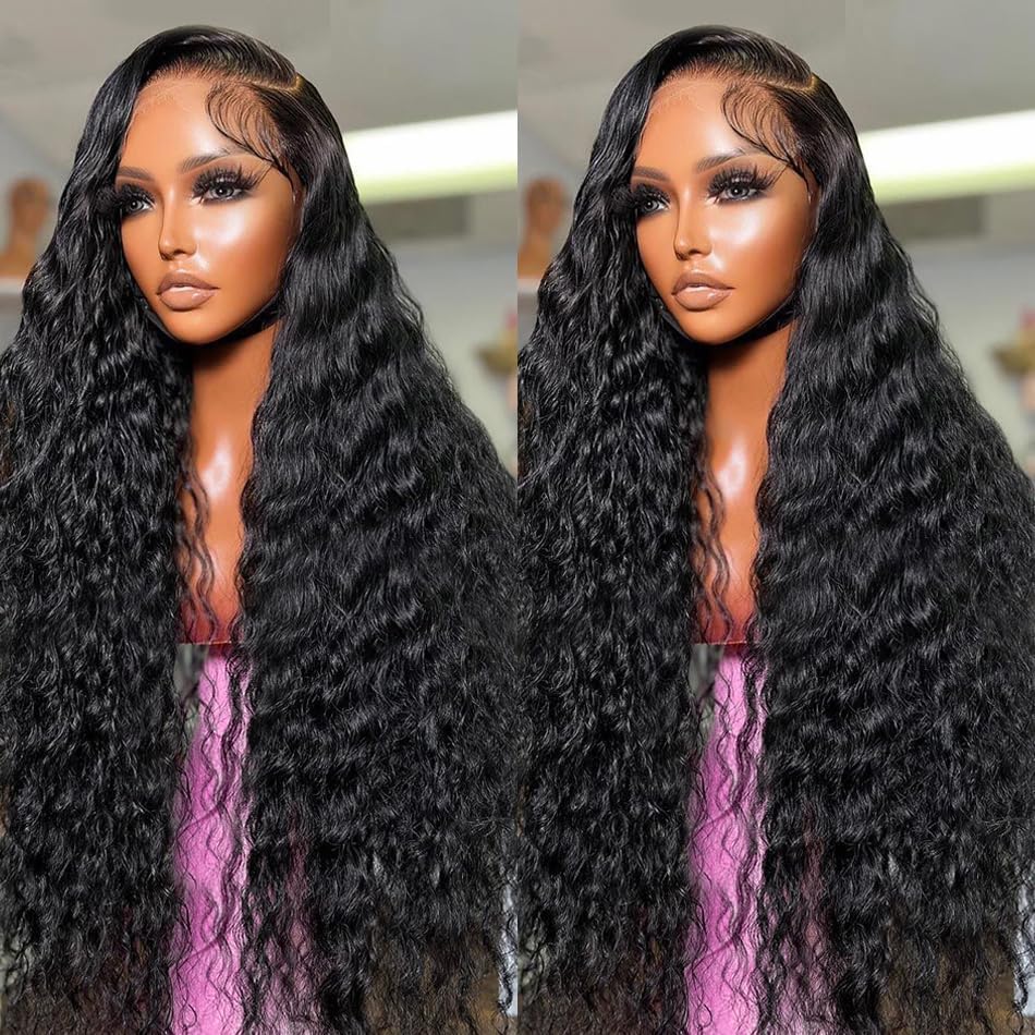 BLACROSS 13x6 Deep Wave Lace Front Wigs Human Hair 180 Density Deep Part Curly Lace Front Wigs Human Hair Pre Plucked Glueless Transparent Lace Frontal Wig Pre Plucked with Baby Hair(20 Inch)