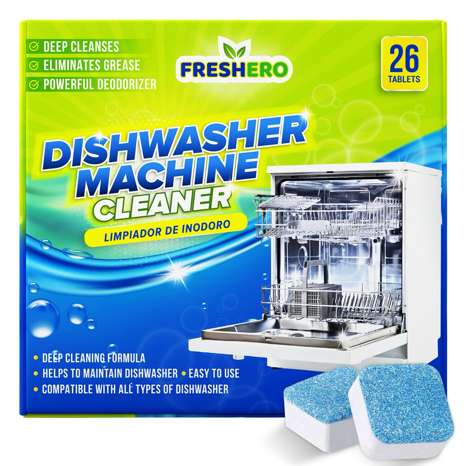 Freshero Dishwasher Cleaner and Deodorizer Tablets 26-Pack, Deep Cleaning Descaler for Dishwasher Machine, Heavy Duty, Septic Safe, Removes Grease & Build-ups, 1 Year of Cleaning Supplies (No Scent)