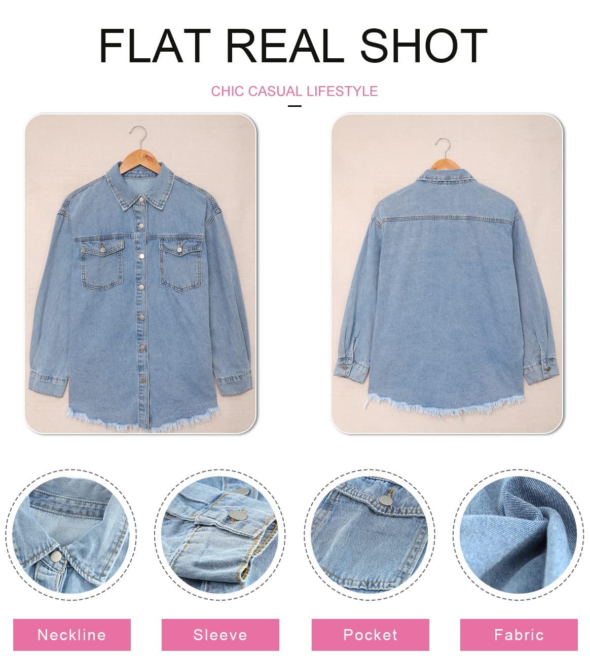 Dokotoo Women's Casual Boyfriend Oversized Lapel Button Up Long Sleeve Denim Trucker Jacket Distressed Ripped Denim Jackets Fray Hem Tassels Jean Jacket for Women with Pockets,US 4-6(S),Blue