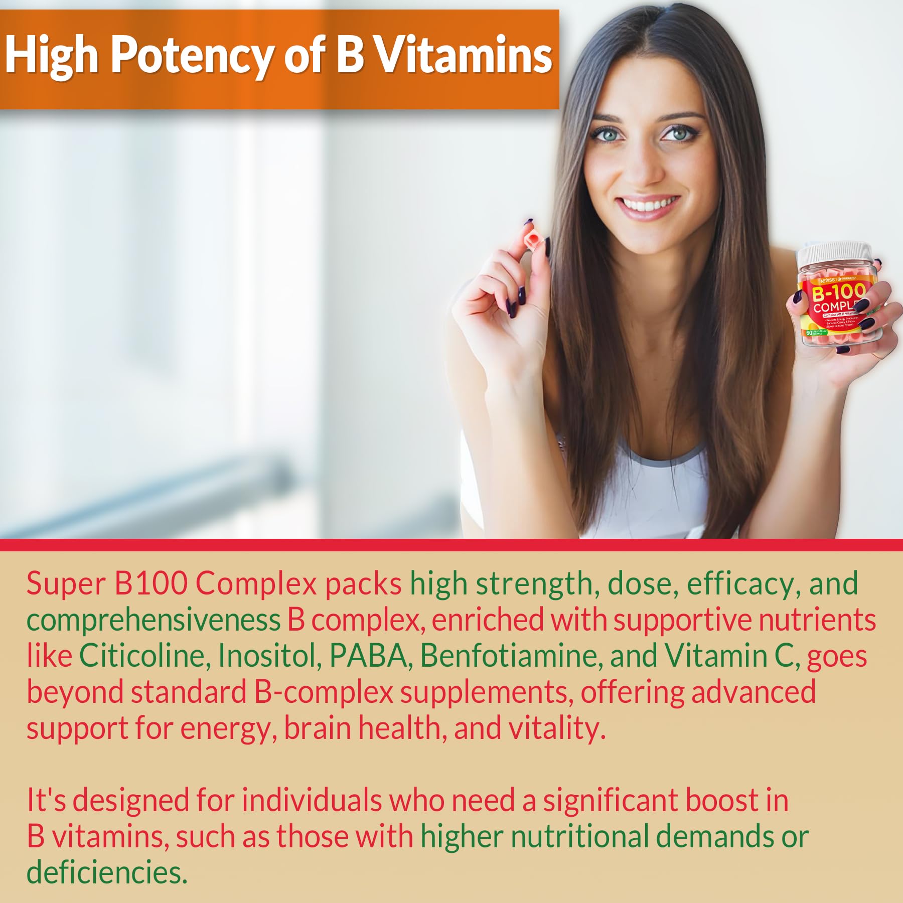 Super Vitamin B Complex Gummies - All B Vitamins Including Methyl B12, B1, B2, B3, B5, B6, Biotin, Methylfolate with Vitamin C, Choline, Inositol, PABA for Energy, Brain & Immune Support, Sugar Free