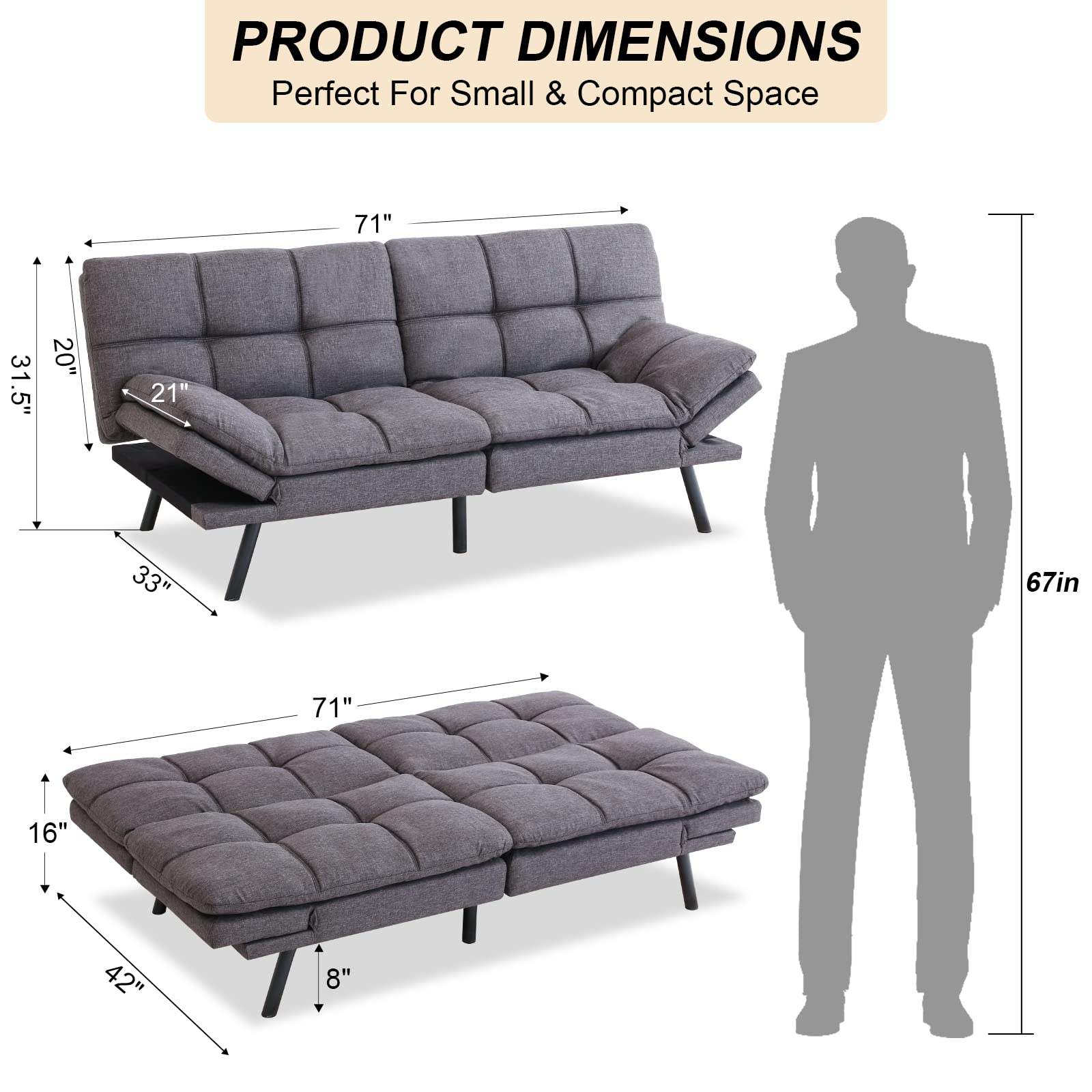 Opoiar Futon Sofa Bed Memory Foam Couch Bed Loveseats Convertible Modern Futon Couch Small Sleeper Sofa with Arm Rest, Metal Legs, Grey Futons for Small Space