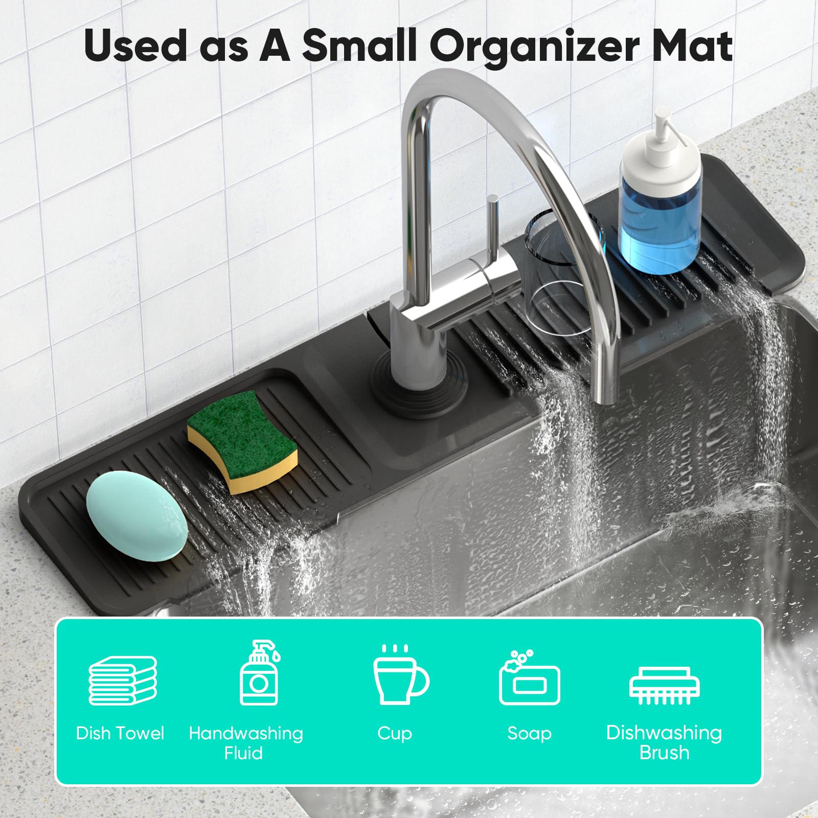 24 Inch Longer Faucet Mat for Kitchen Sink, 5ยฐ Slope Fast Self-draining, Kitchen Sink Splash Guard Silicone Sink Faucet Mat Splash Guard Kitchen Sink Area Tidy Splash Faucet Guard Draining Mat