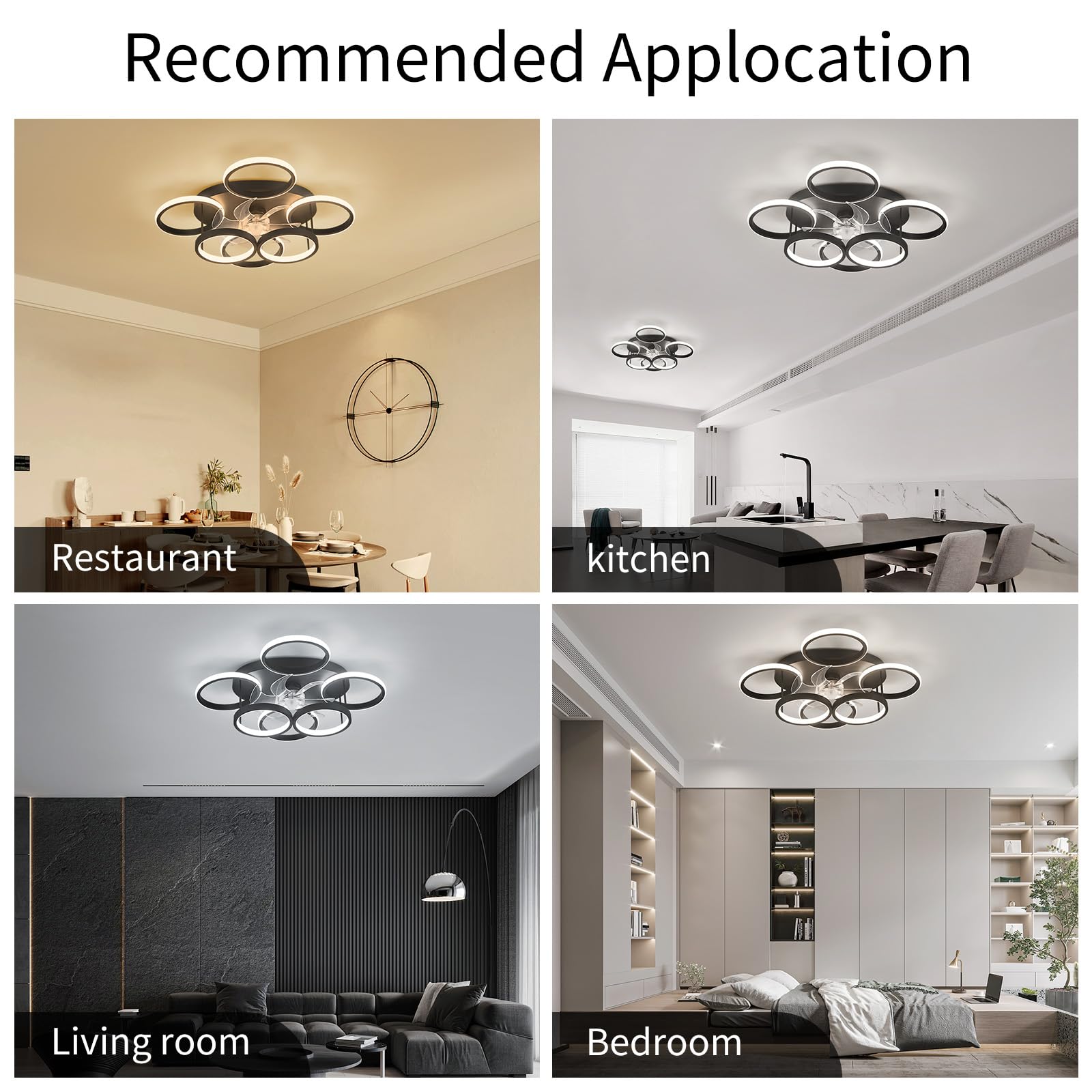 Anyeark Low Profile Ceiling Fan with Light Modern, Bedroom Ceiling Smart Fan with LED, Fandelier Ceiling Fan Flush Mount 25.6-inch, 3000K-6500K Stepless Color Change, Assembly Required (Black)