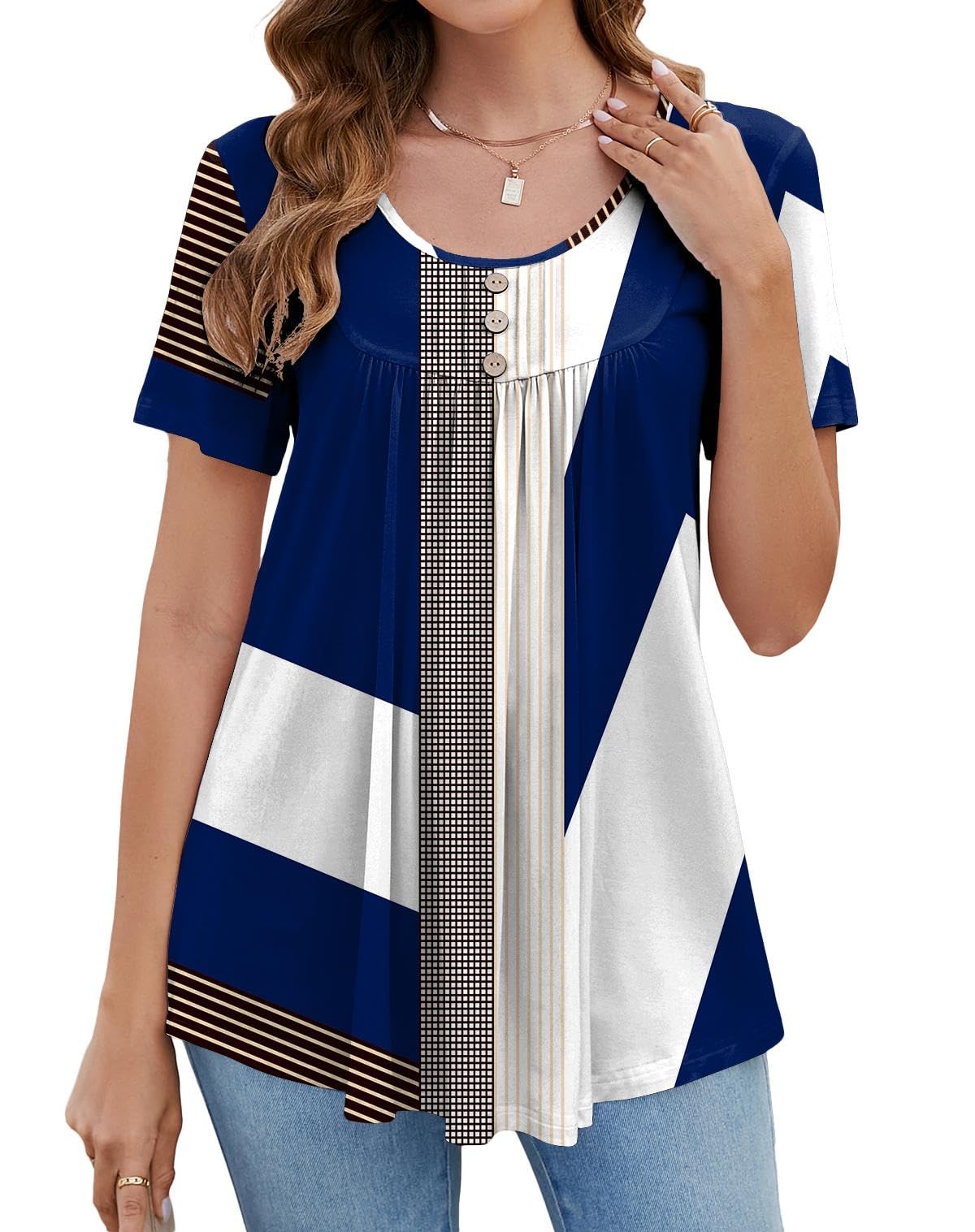 BeadChica Women's Tunic Tops For Leggings Short Sleeve Shirts Botton Up Casual Ruched Blouses Clothing Floral-M White Blue