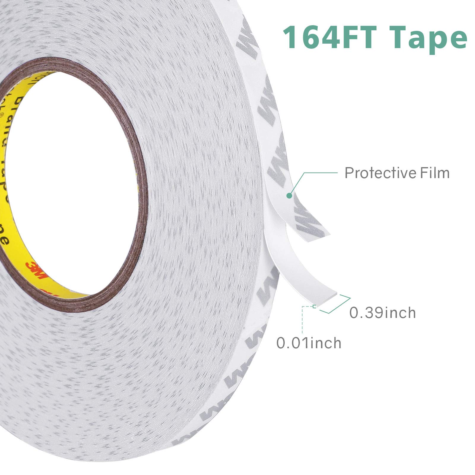 HitLights Double Sided Tape Heavy Duty, 164ft Waterproof Mounting Adhesive Tape, Removable Tape for Walls, Poster, LED Strip, Car Trim, Home Office Decor, Craft Project, White (164ft x 0.39in)