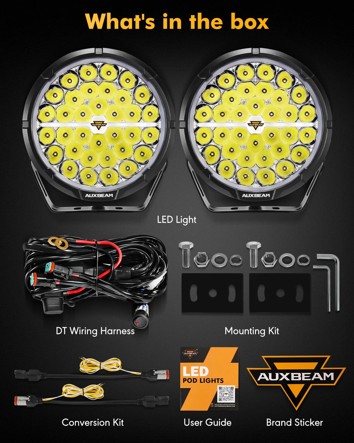 Auxbeam RAY-L Series 9 Inch LED Off-Road Lights, Amber White DRL 3 Modes, 318W 34180LM Round Offroad Lighting, Spot Beam Automotive Light Bar, for 4x4 Truck SUV ATV UTV, Pair