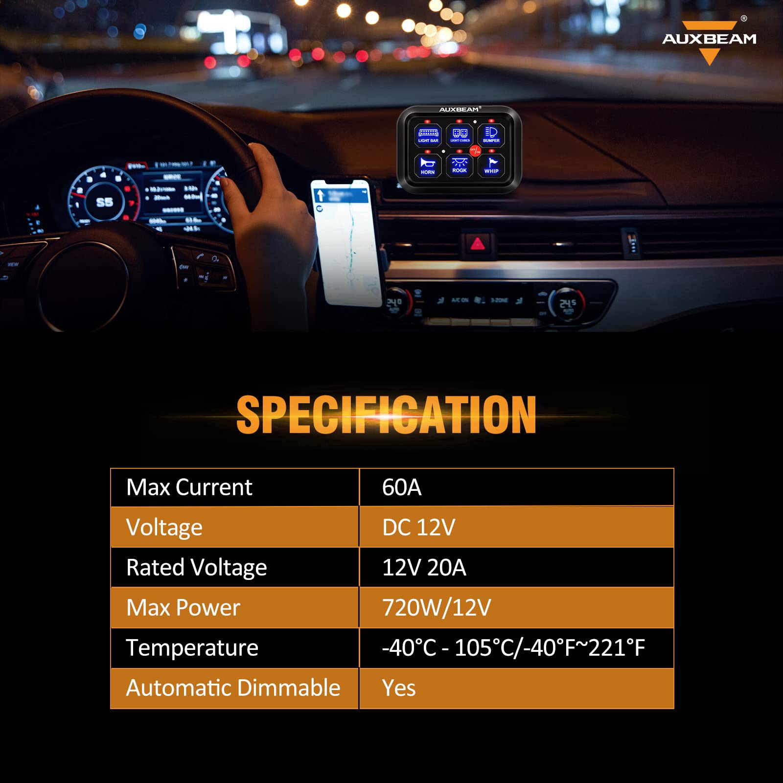 Auxbeam 6 Gang Switch Panel BC60, Universal Circuit Control Relay System Box with Automatic Dimmable On-Off LED Switch Pod Touch Switch Box for Car Pickup Truck UTV ATV Boat, 2 Years Warranty, Blue