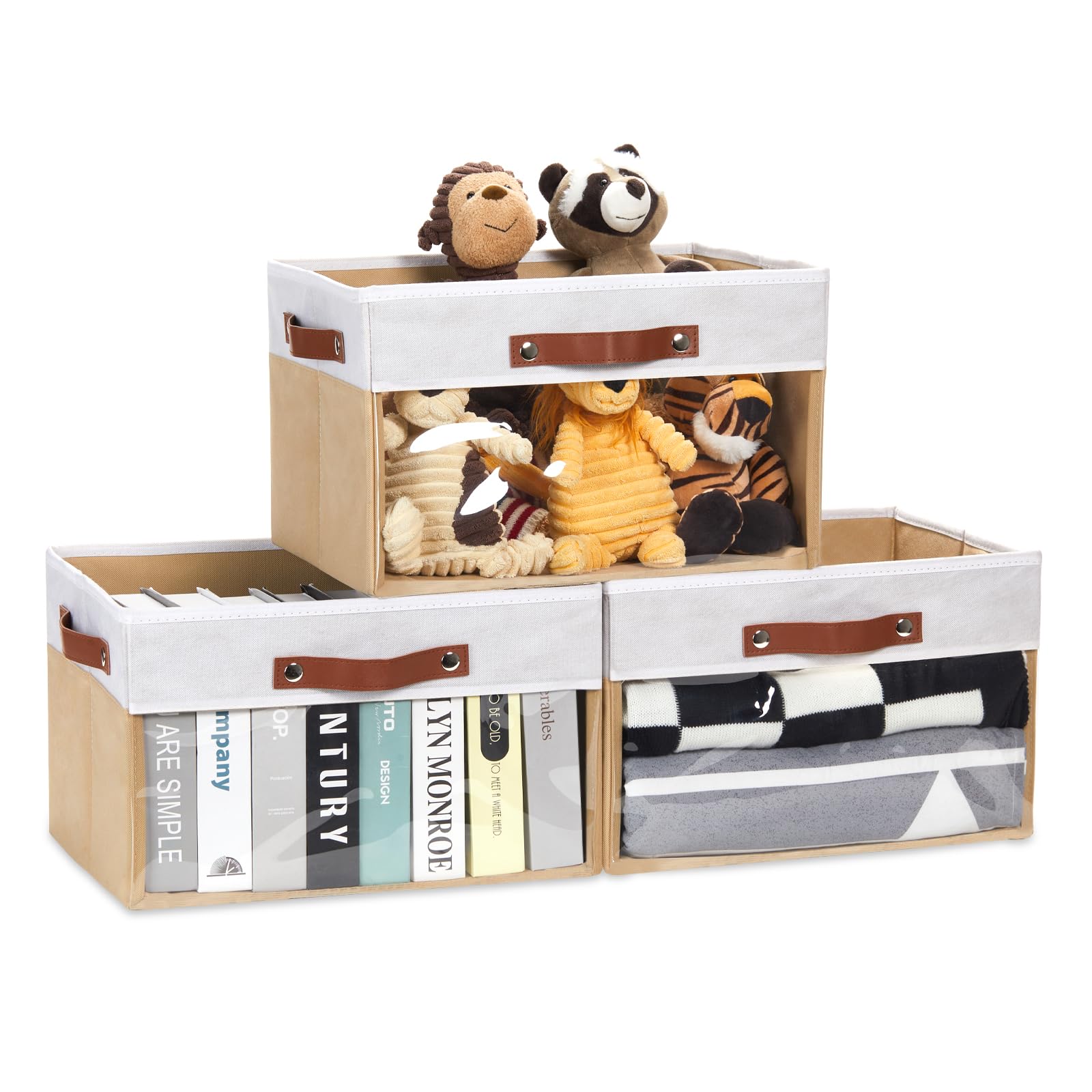 HNZIGE Large Storage Bins with Clear Window, Collapsible Fabric Storage Bins 3 Pack, Linen Closet Organizers for Clothes Shelves, Foldable Storage Baskets for Organizing Toy(White Beige 15 x 11 x 9.5)