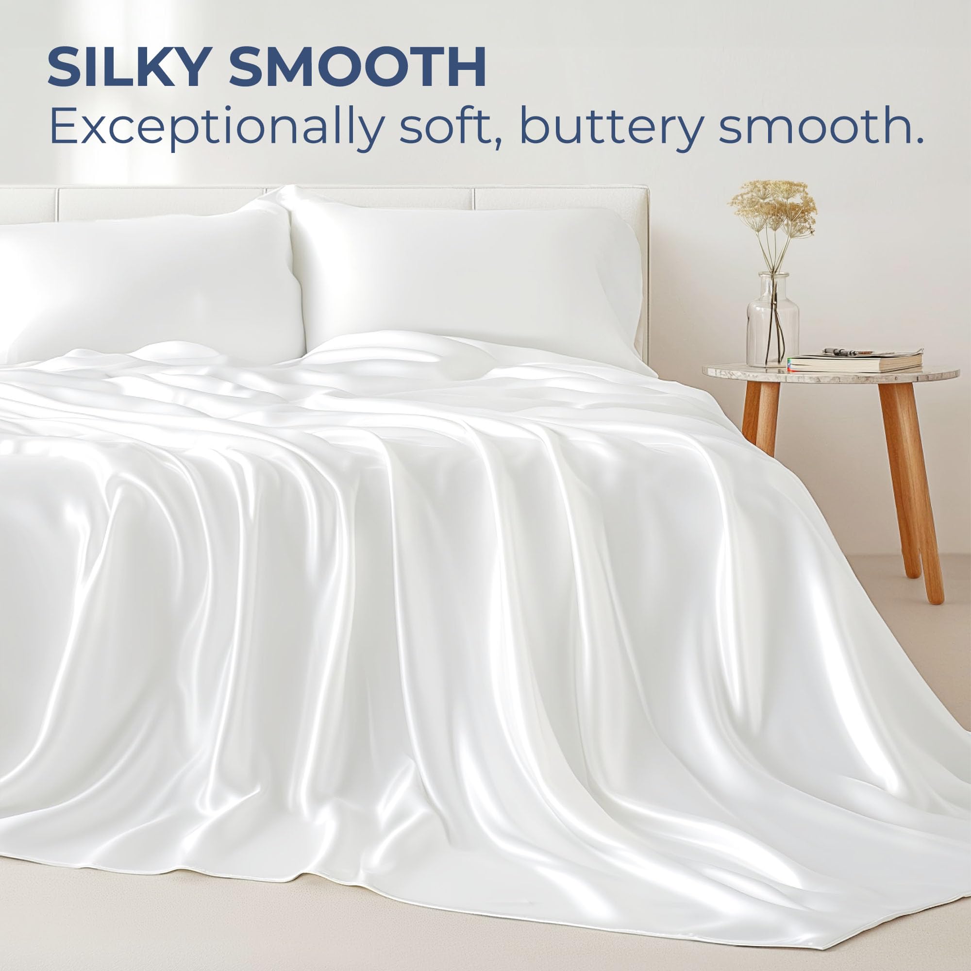 Seasonwood White Satin Sheets King Size 4 Pieces White Bed Set with 2 Pillowcase 20"x40" Microfiber