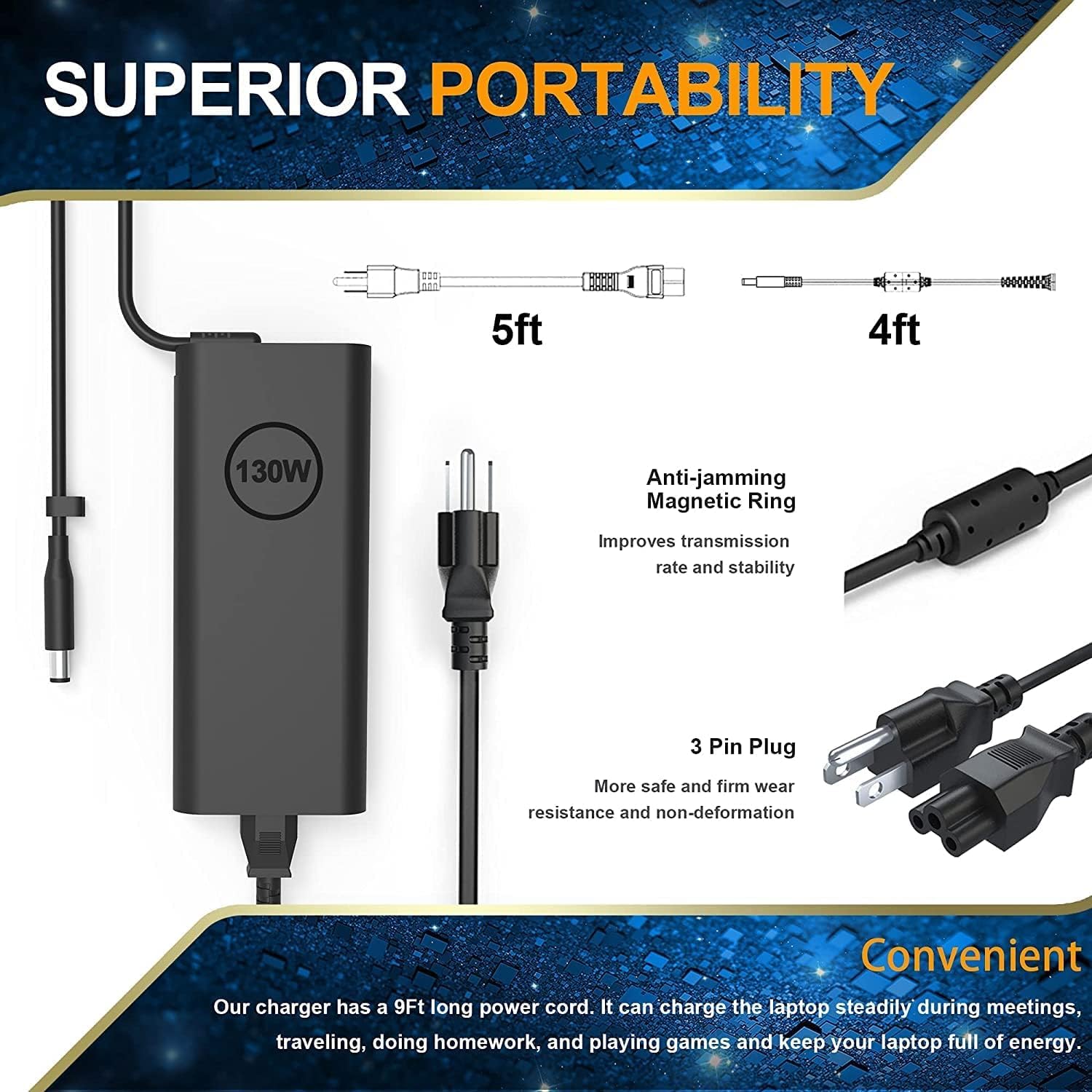 Replacement Dell 130W Laptop Charger for Dell XPS 15 9530 7590 9550 9560 9570 Precision M3800 5510 5520 5530 Inspiron 7347 7348 7459 HA130PM130 DA130PM130 Power Supply Cord