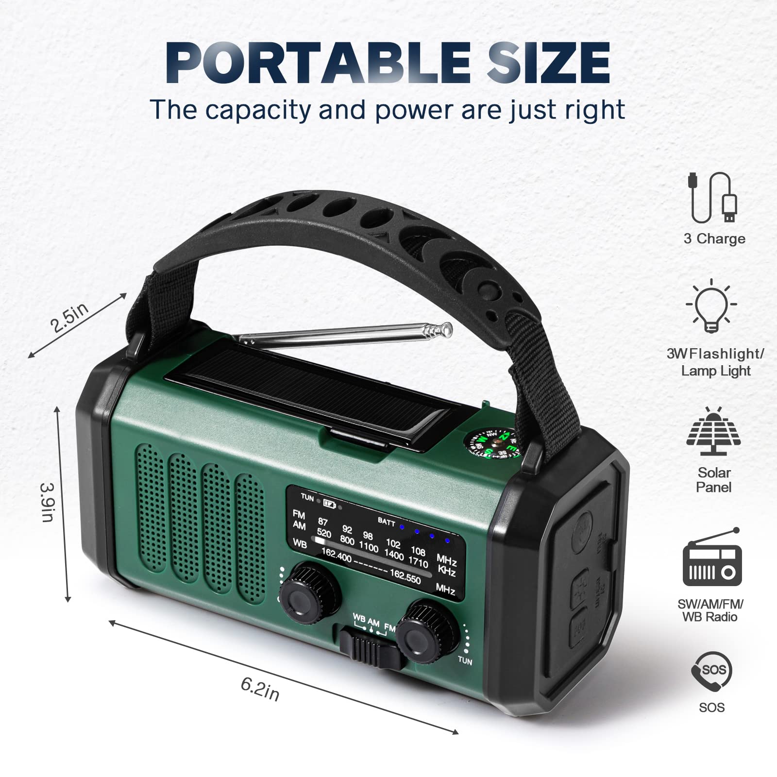 10000mAh Crank Radio, Emergency Radio, Solar Radio, NOAA/AM/FM Weather Radio, USB Type-C Charging, Dynamo Radio, Polymer Battery, Torch & LED Reading Light, SOS Alarm, Compass for Camping green