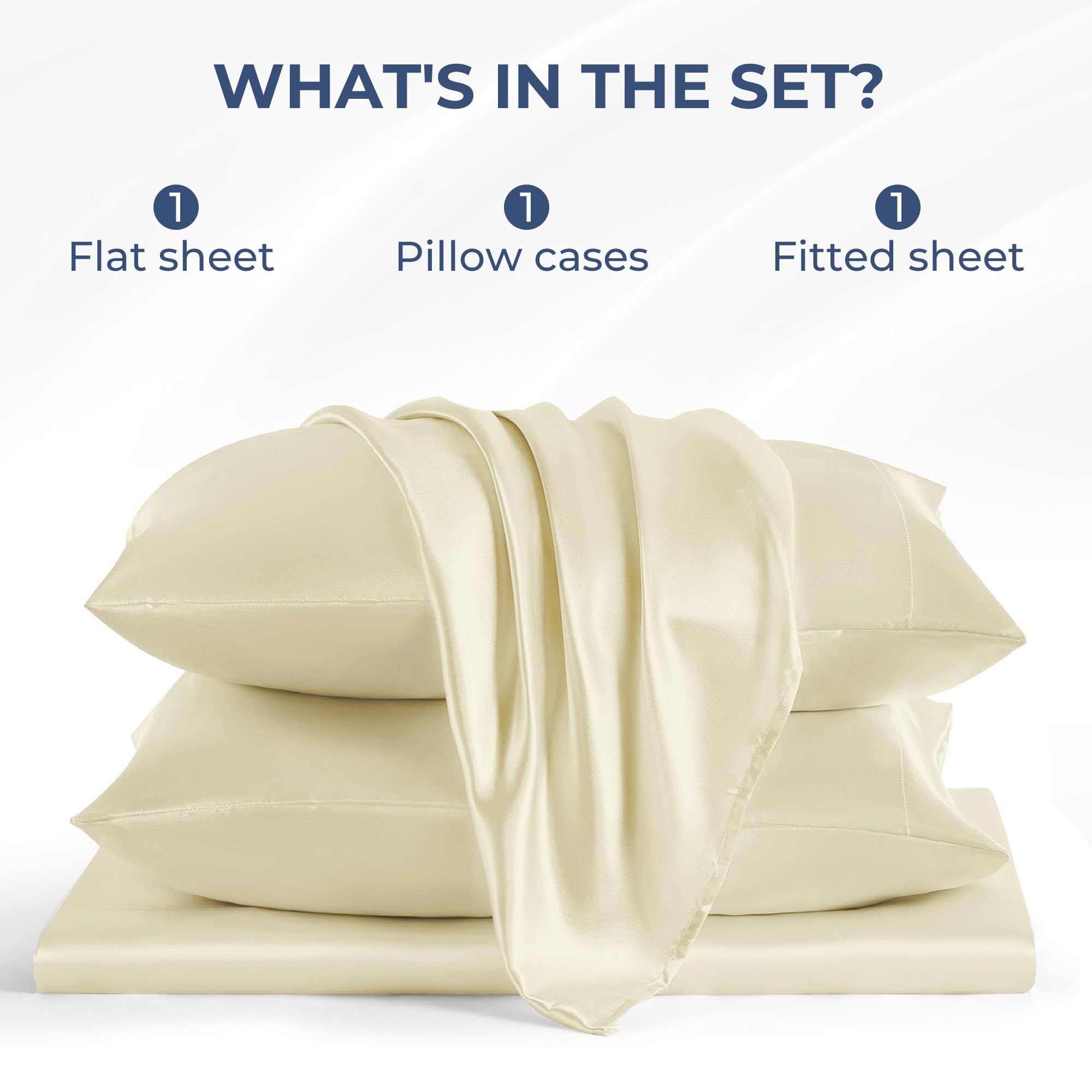 Seasonwood Silk Stain Sheets Set Deep Pocket Queen Sheets 4 Pieces with 2 Pillow Case,Ivory