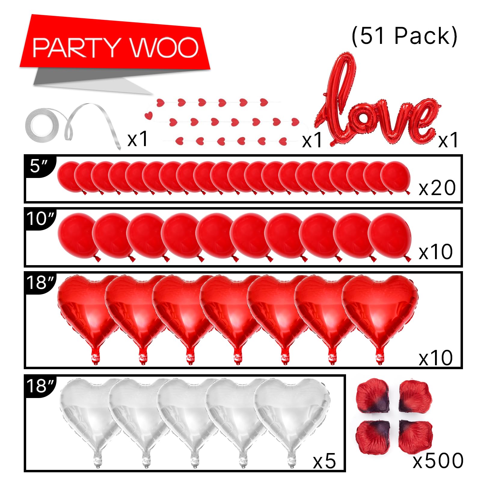 PartyWoo Valentines Balloons, Heart Balloons for Valentines Day Decorations, Valentine Decorations, Valentines Decor 50 Pcs-1287
