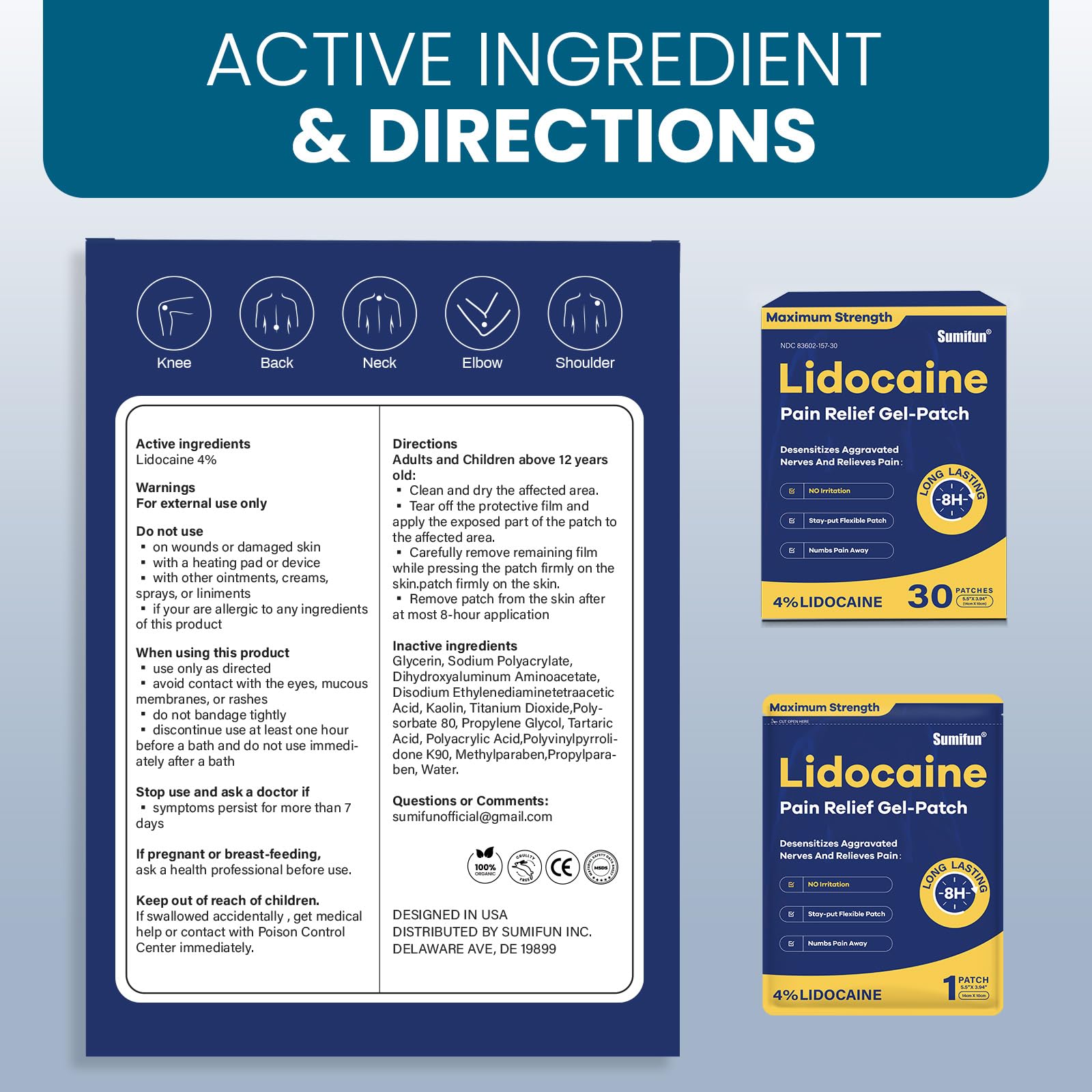 Sumifun 4% Lidocaine Pain Relief Patches 30 Count Maximum Strength Numbing Gel Patch for Back Knee Neck Joint Ache Muscle Soreness Topical Analgesic FSA or HSA Eligible