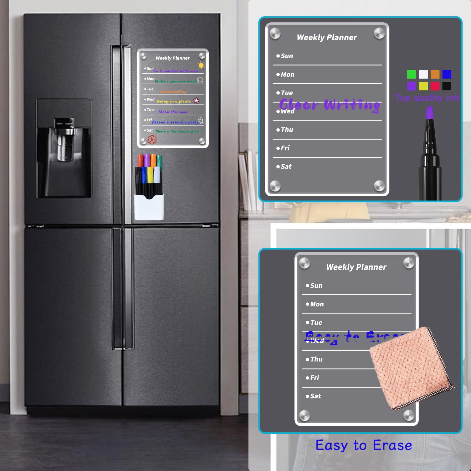 Naisidas Acrylic Magnetic Dry Erase Board for Fridge,Set of 4 Transparent Planning Boards Weekly Calendar, Notes Planning Board,Includes 8 Markers and Towel