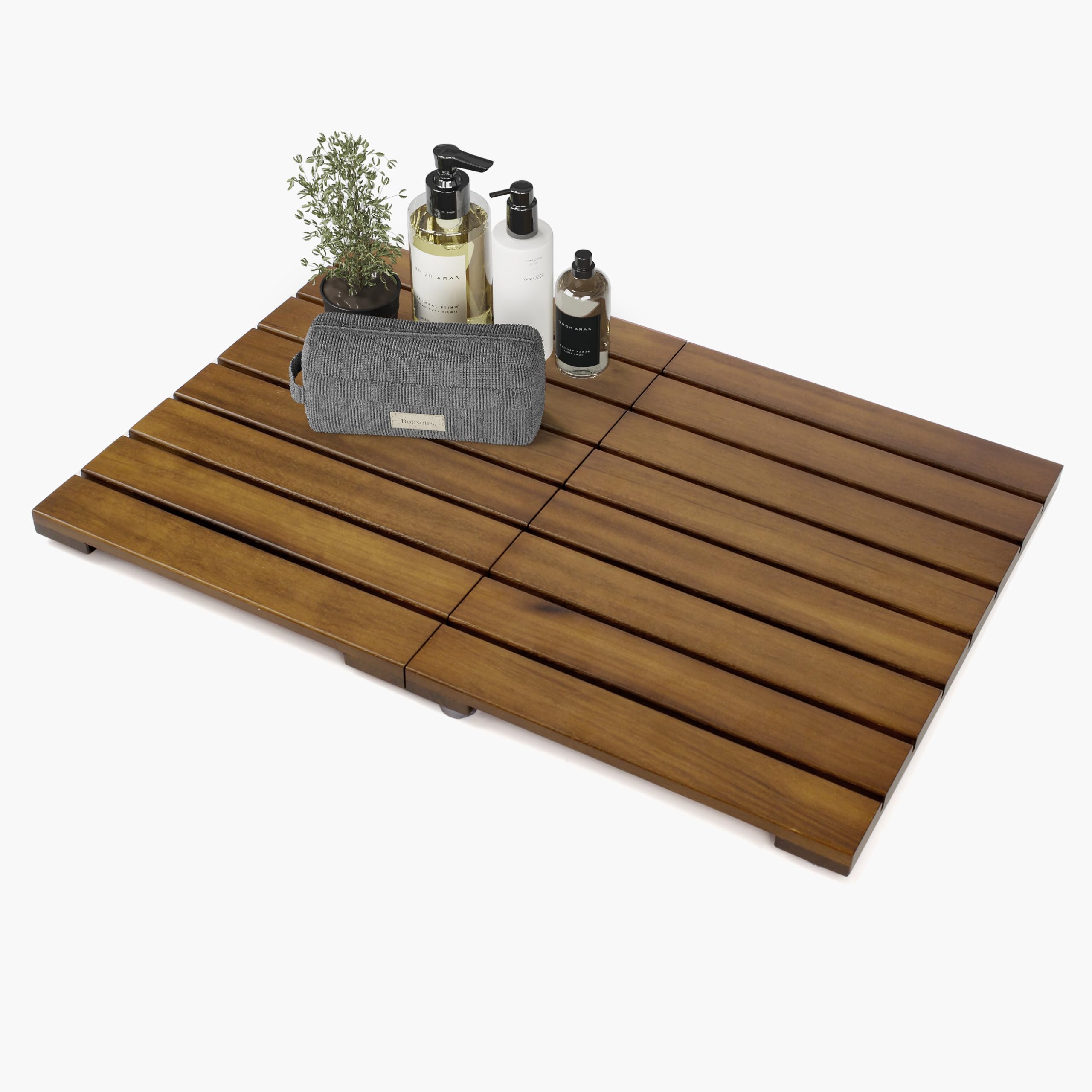 Smuxee Foldable Teak Wood Bath Mat, 23.2" x 16.2'' Shower Mat with Non-Slip, Wooden Floor Mat for Bathroom, Pool and Sauna