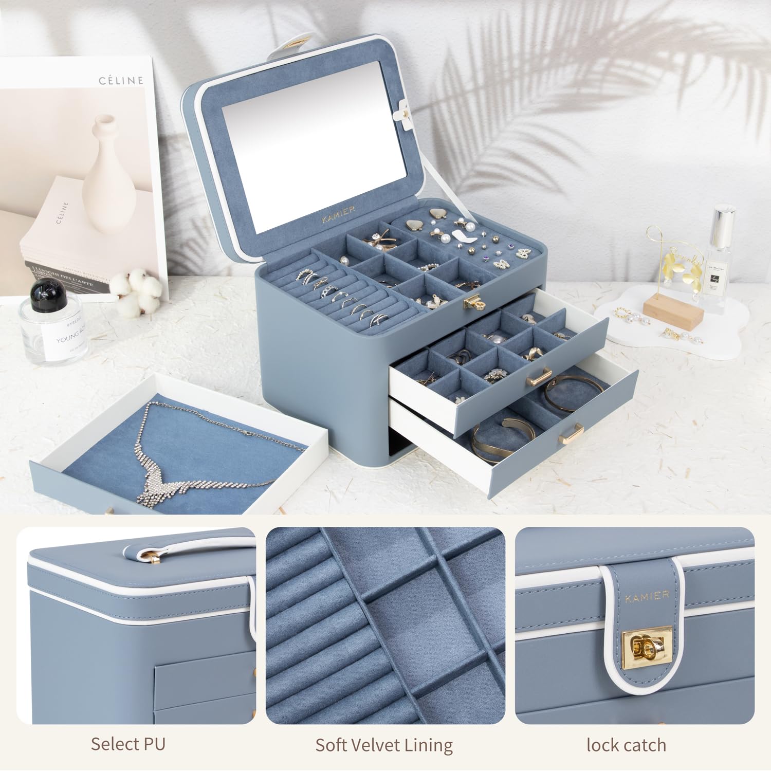 KAMIER Jewelry Organizer Box,4-Layer Jewelry Box for Women with Lock and Mirror, Jewelry Storage Box for Earrings Bracelets Rings Necklaces.Bluish Grey