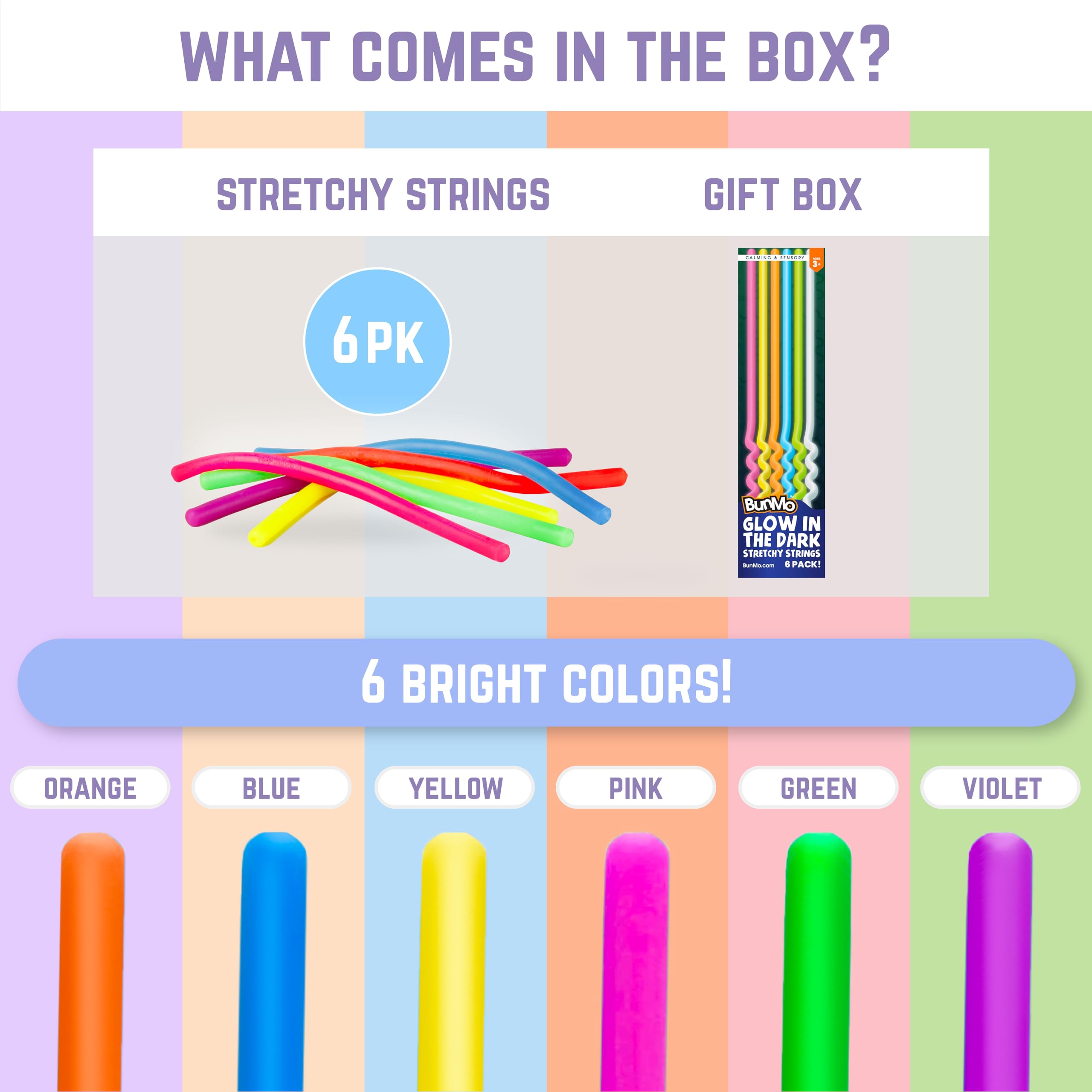 BunMo Bundles: Glow in The Dark & Glitter Stretchy Strings - Perfect Sensory Toys - Calming Sensory Toy - Fun Monkey Stretch Noodles - Stimulating & Soothing Fidget Toy