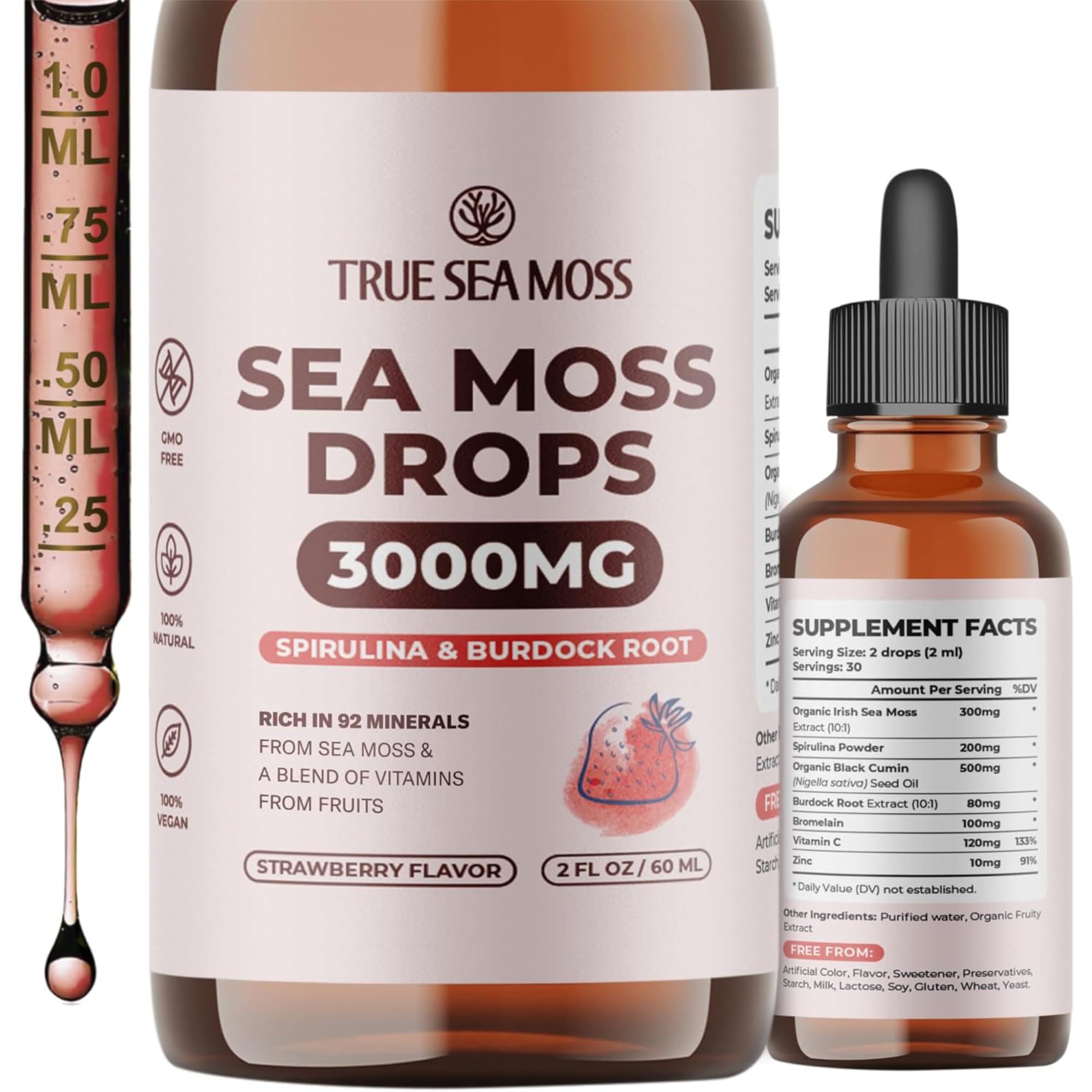 TrueSeaMoss Irish Sea Moss Drops - 5X Stronger Than Sea Moss Gel - 92+ Essentials Minerals - with Spirulina Powder, Burdock Root & Black Cumin - 2 Fl Oz (60ml) - Strawberry Flavor