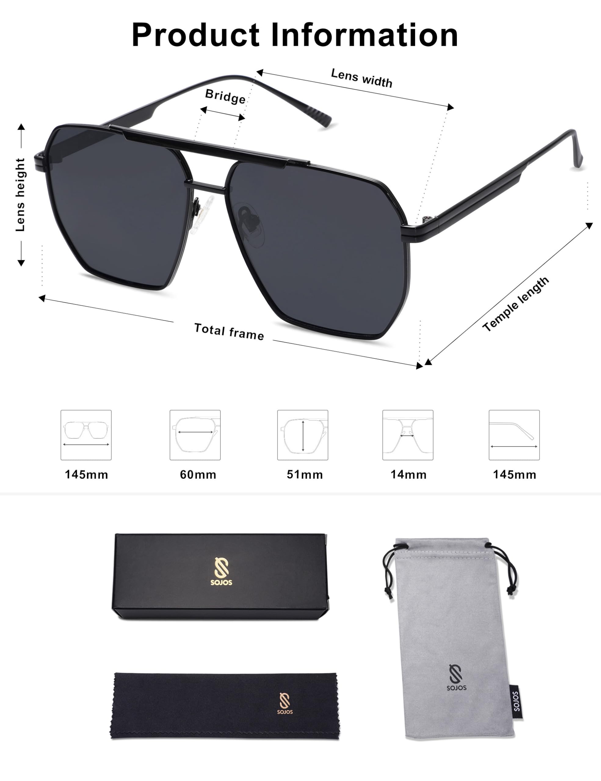 SOJOS Retro Oversized Square Polarized Sunglasses for Women and Men Vintage Shades Classic Large Metal Sun Glasses with Black/Grey Lens