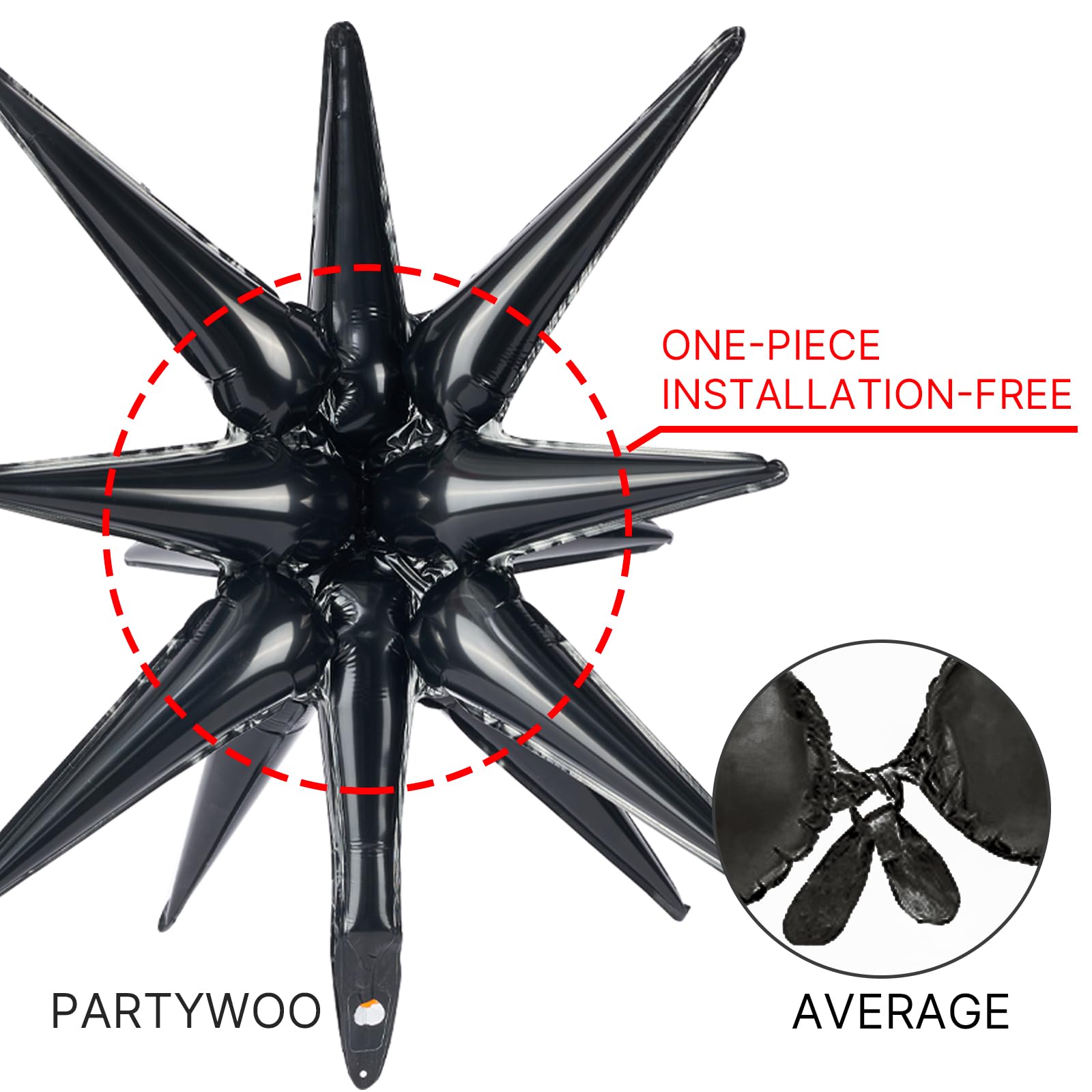 PartyWoo Black Star Foil Balloons 6pcs Different Sizes Pack of 27 22 Inch Large Black Explosion Spike Mylar Balloons for Graduation Birthday Retirement Anniversary Space Theme Party Decorations
