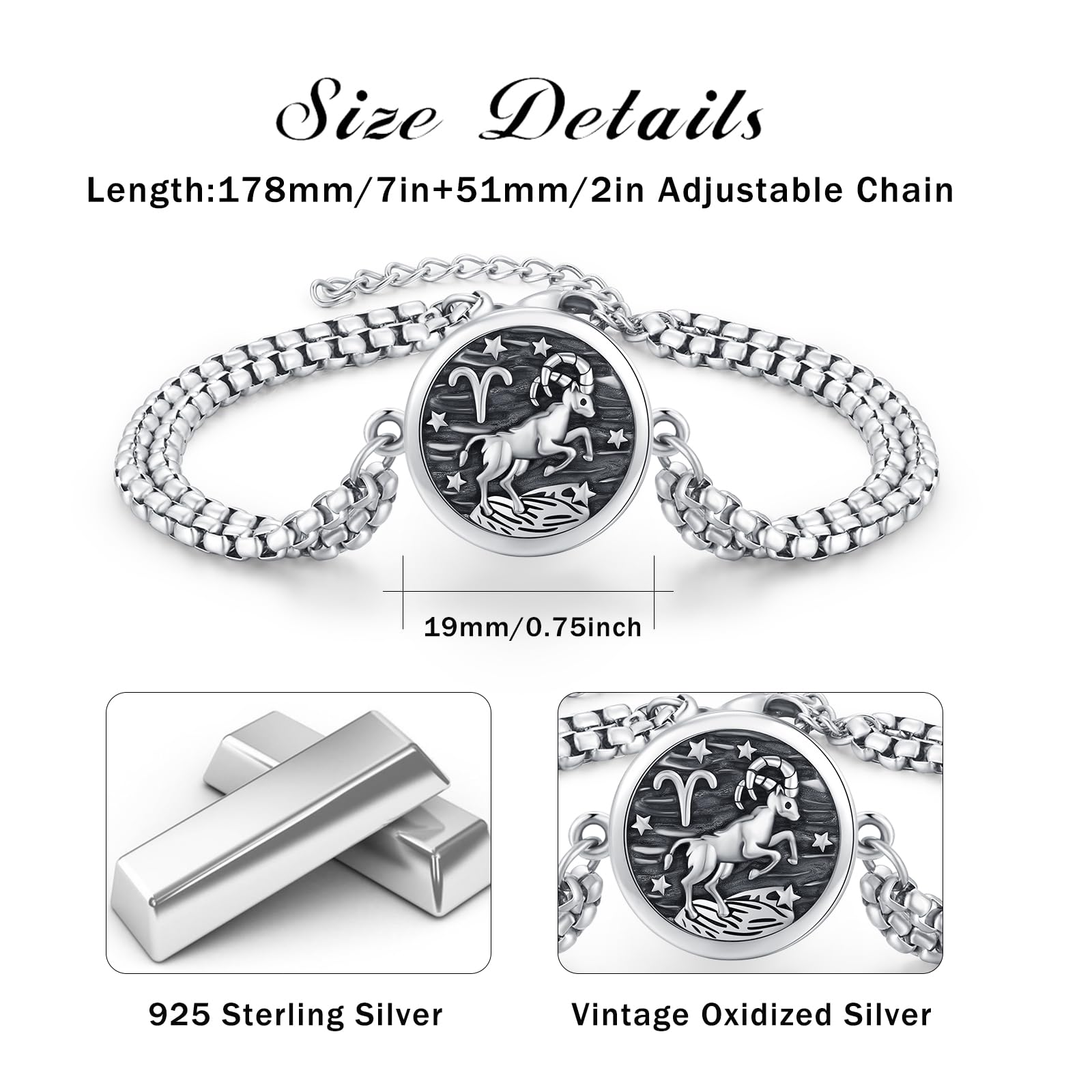 XIXLES Aries Zodiac Jewelry 925 Sterling Silver Aries Constellation Medal Bracelet,Fashion Retro Astrology Horoscope Sign Adjustable Bracelet, Aries Birthday Jewelry Graduation Gifts for Women Mom