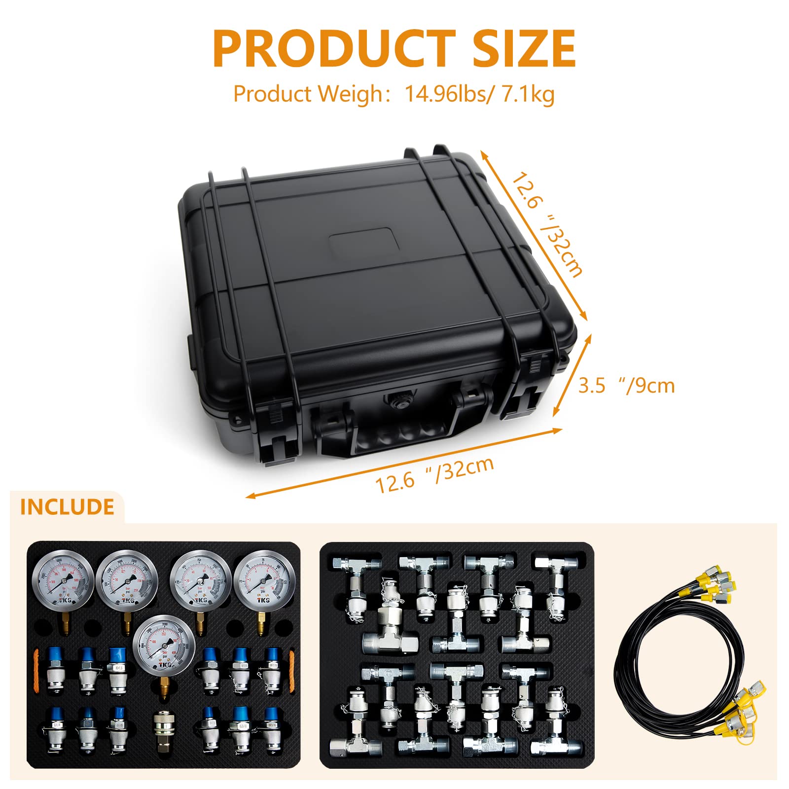 Hydraulic Pressure Test Kit,600bar /8700psi / 60mpa 5 Gauges 13 Test Couplings 14 Tee Connectors 5 Test Hoses, Hydraulic Gauge Kit Sturdy Carrying Case for Excavator Construction Machinery Ships Mine