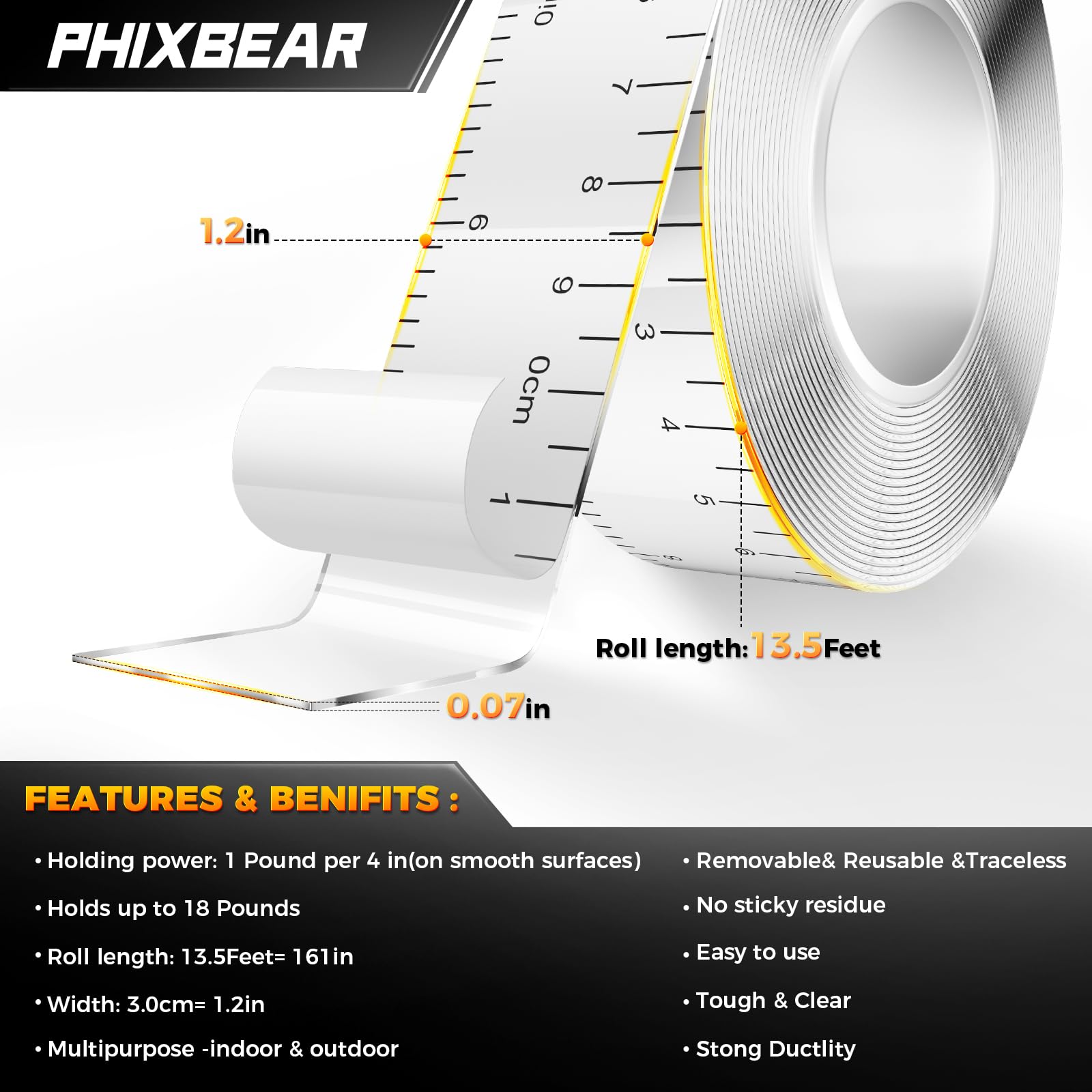 PHIXBEAR Double Sided Tape Heavy Duty with INCH & CM Markings, 1.18''×13.5ft Double Sided Mounting Tape, Removable Traceless NanoTape for Indoor & Outdoor, Automotive Trim