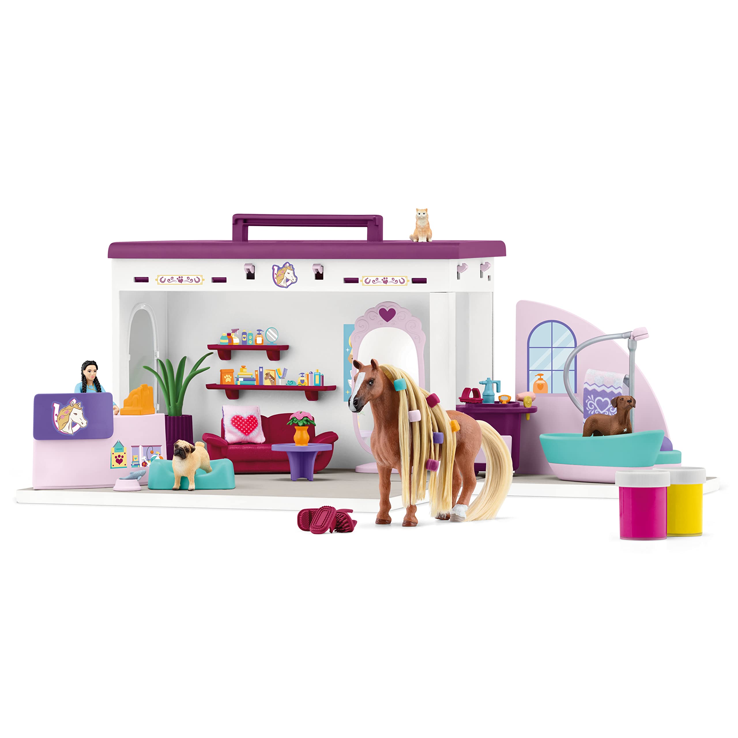 Schleich Horse Club Sofia's Beauties Pet Salon 66-Piece Playset - Includes Horse Figurine, Caretaker, Puppy Friends, and Animal Salon Plus Accessories for Boys and Girls, Gift for Kids Age 4+