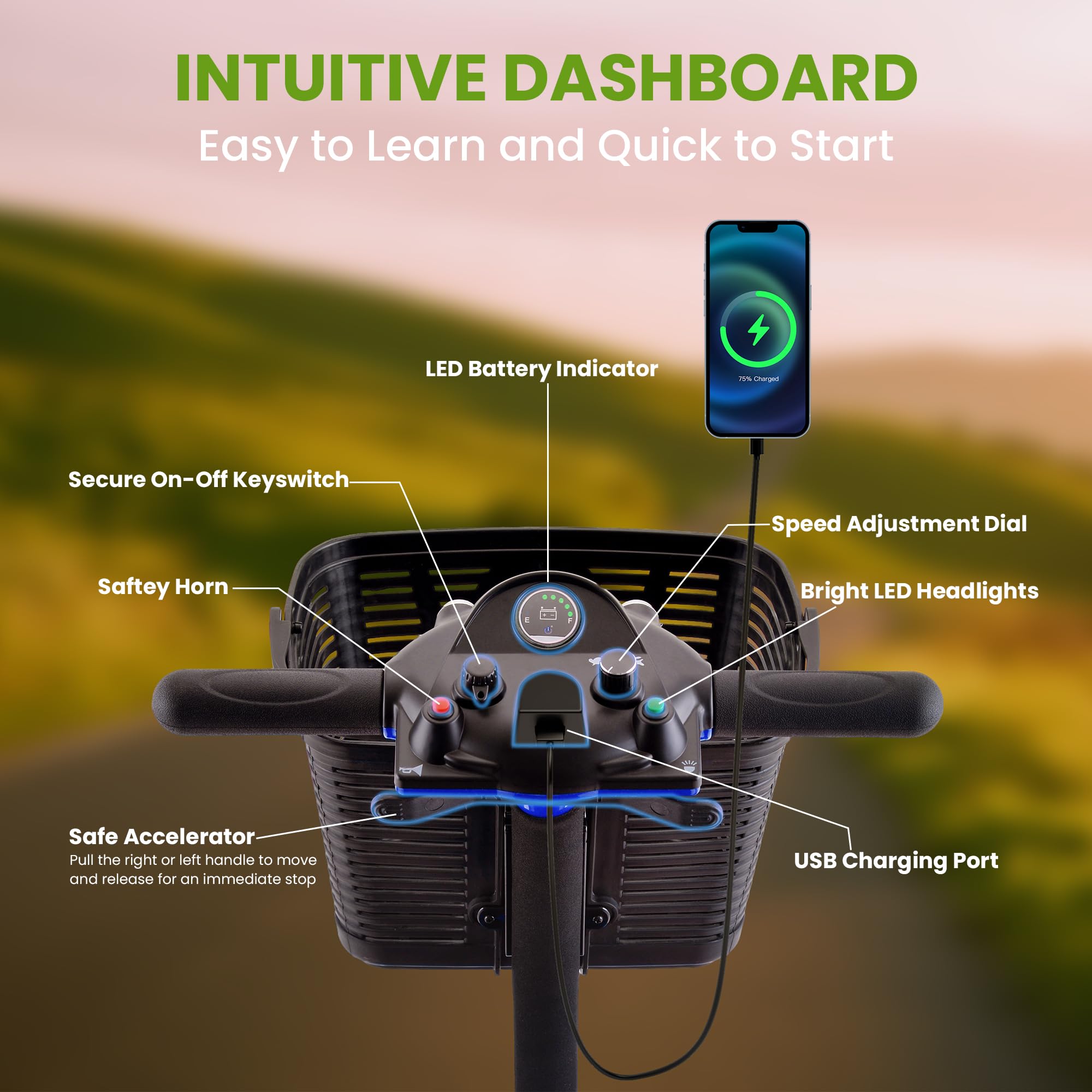 Mobility Scooter for Adults, Senior, 4 Wheels Electric Powered Chargeable Device for Travel, Lightweight and Portable, with LED Headlights and Basket, Charger Included, Red/Blue (Silver/Black)